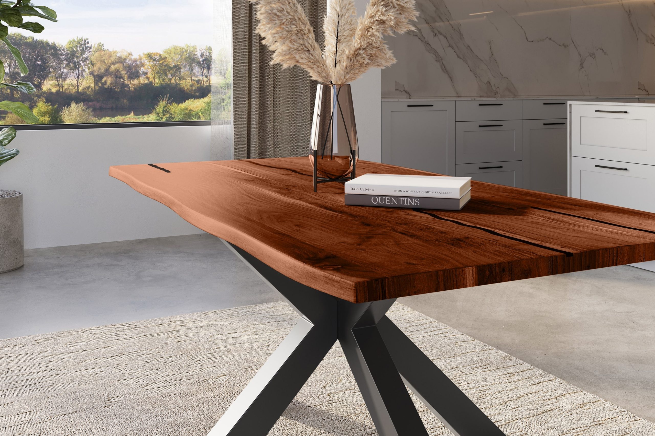 Baumkantentisch Akazie nussbaum mit schwarzen Resin-Adern 140 x 80 cm Spider-Gestell schwarz POLLY – Bild 4