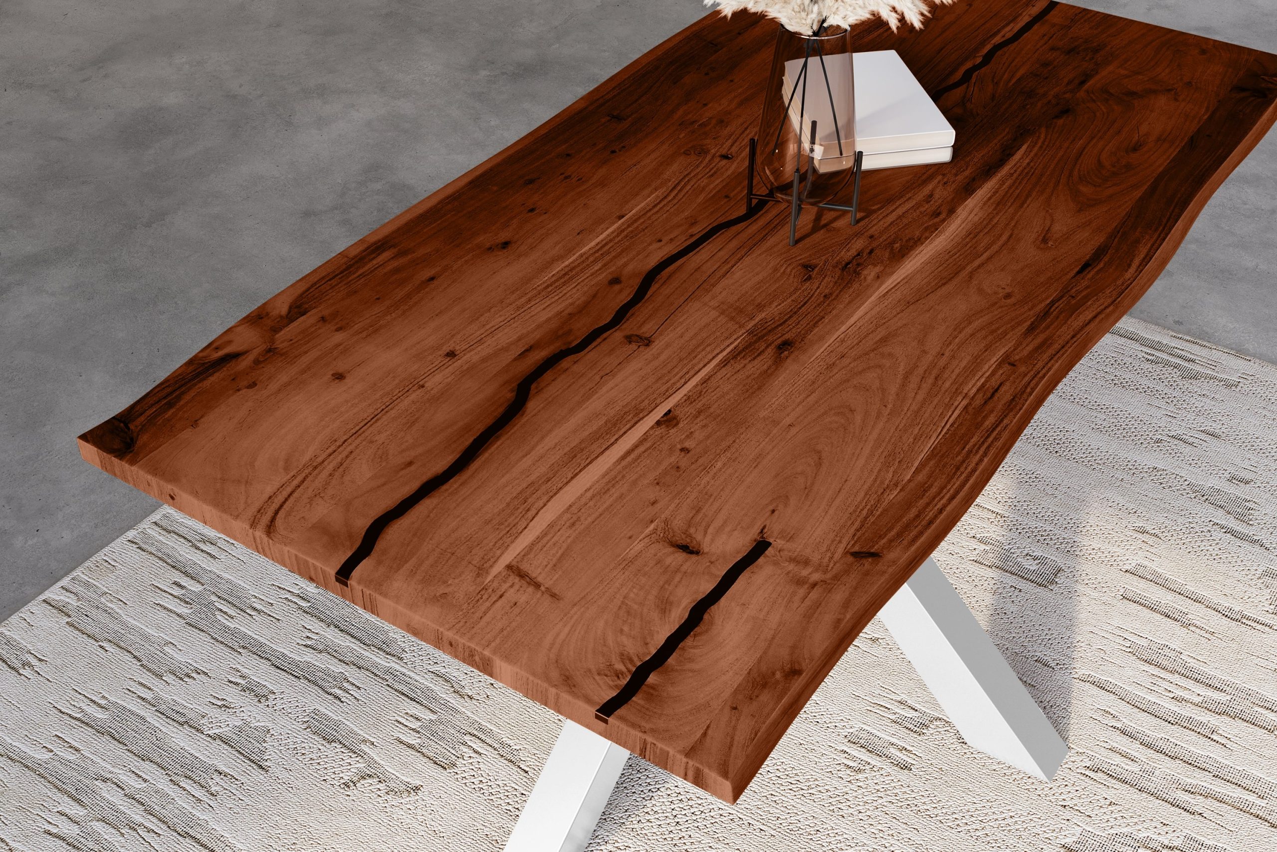 Baumkantentisch Akazie nussbaum mit schwarzen Resin-Adern 140 x 80 cm Spider-Gestell silber POLLY – Bild 6