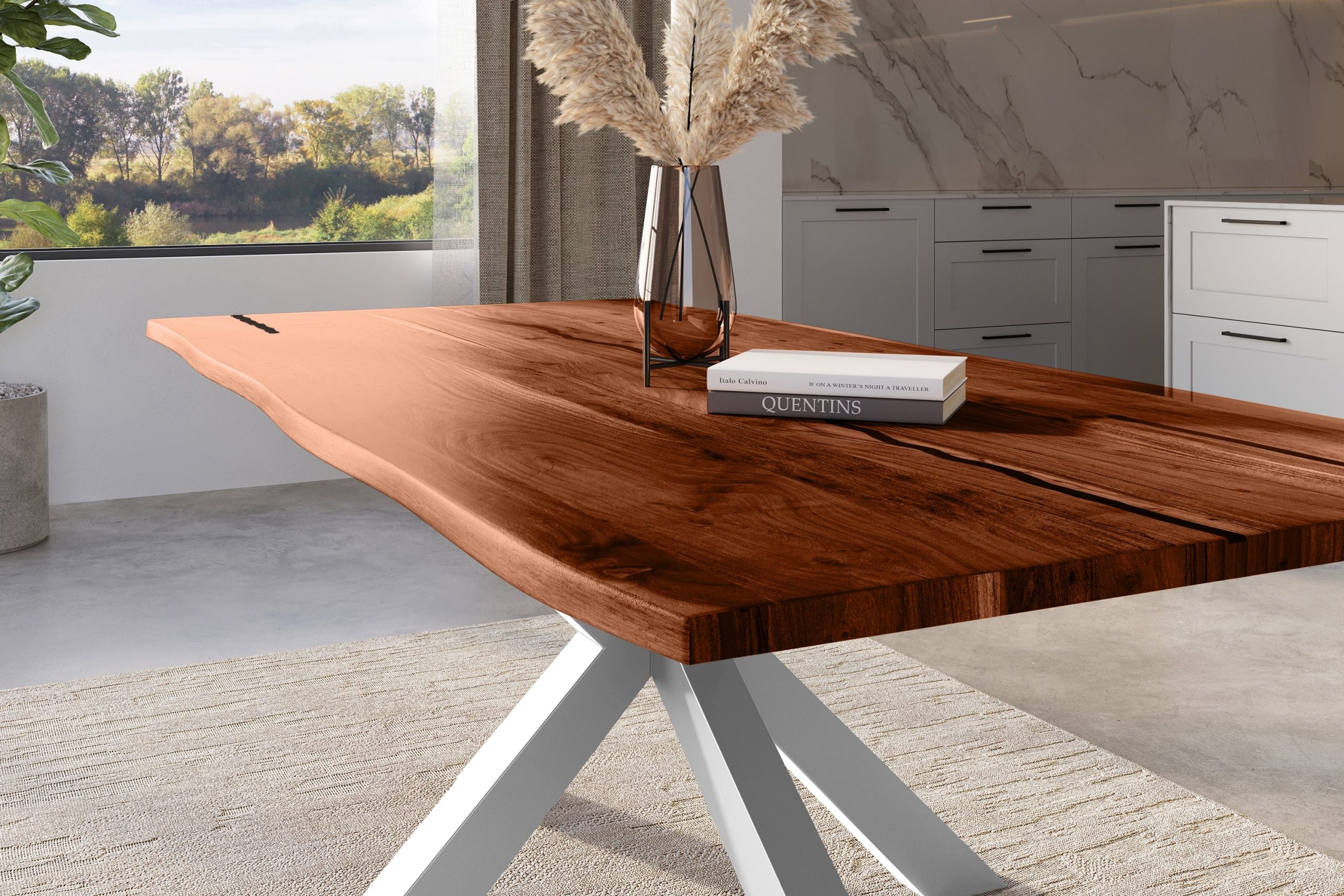 Baumkantentisch Akazie nussbaum mit schwarzen Resin-Adern 200 x 100 cm Spider-Gestell silber POLLY – Bild 4