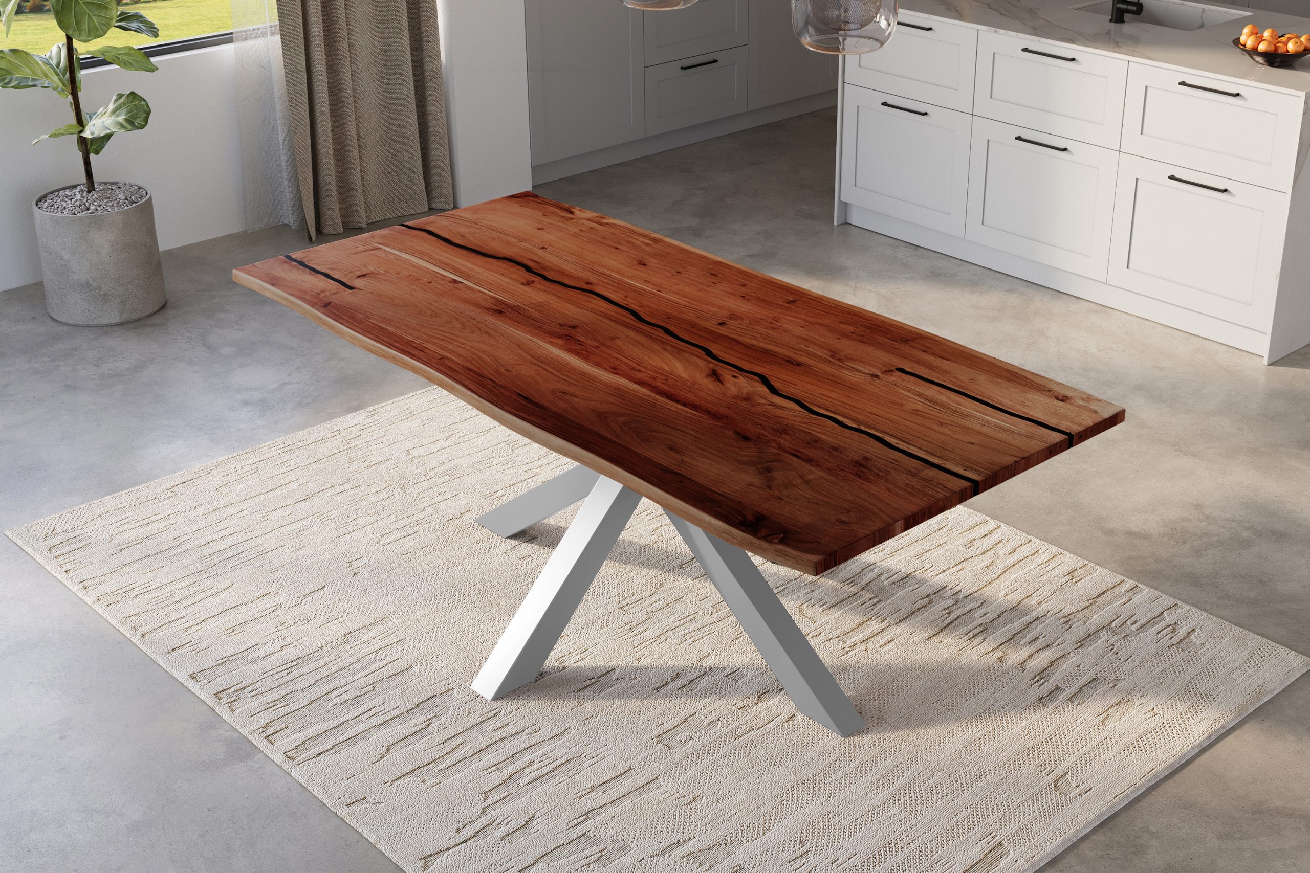 Baumkantentisch Akazie nussbaum mit schwarzen Resin-Adern 200 x 100 cm Spider-Gestell silber POLLY – Bild 5