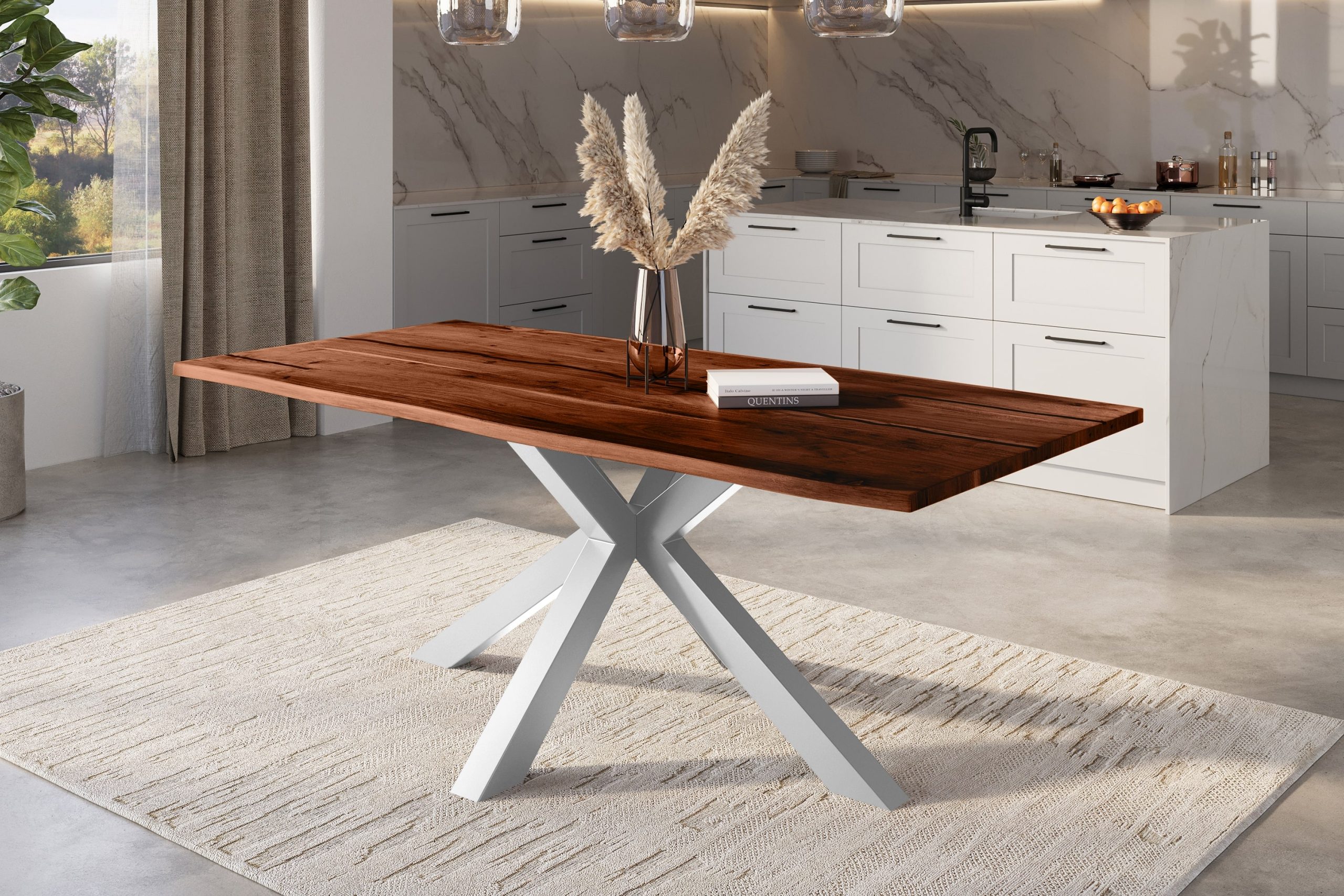 Baumkantentisch Akazie nussbaum mit schwarzen Resin-Adern 240 x 100 cm Spider-Gestell silber POLLY