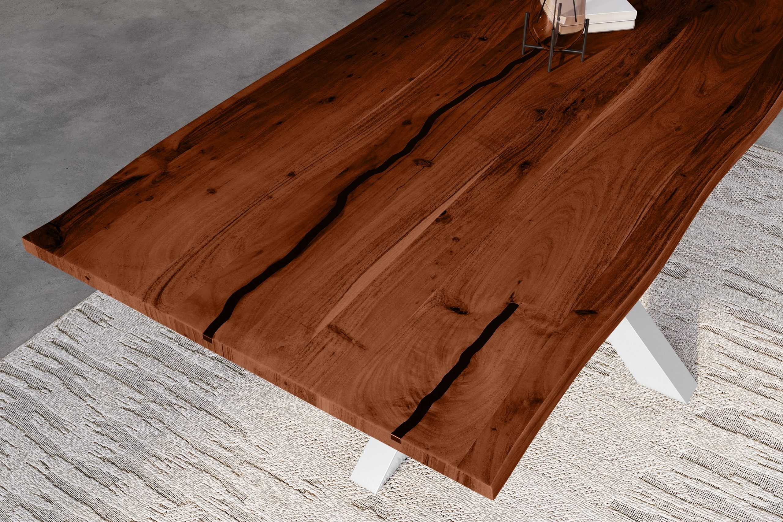 Baumkantentisch Akazie nussbaum mit schwarzen Resin-Adern 240 x 100 cm Spider-Gestell silber POLLY – Bild 6