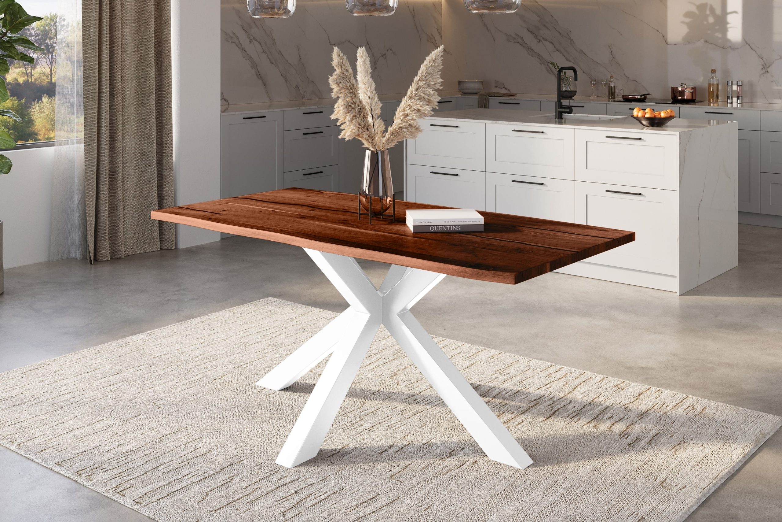 Baumkantentisch Akazie nussbaum mit schwarzen Resin-Adern 120 x 80 Spider-Gestell weiß POLLY