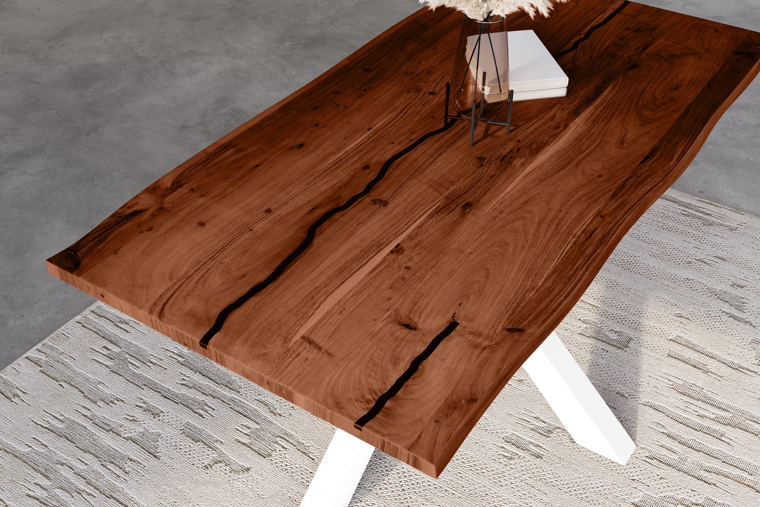 Baumkantentisch Akazie nussbaum mit schwarzen Resin-Adern 160 x 85 cm Spider-Gestell weiß POLLY – Bild 6