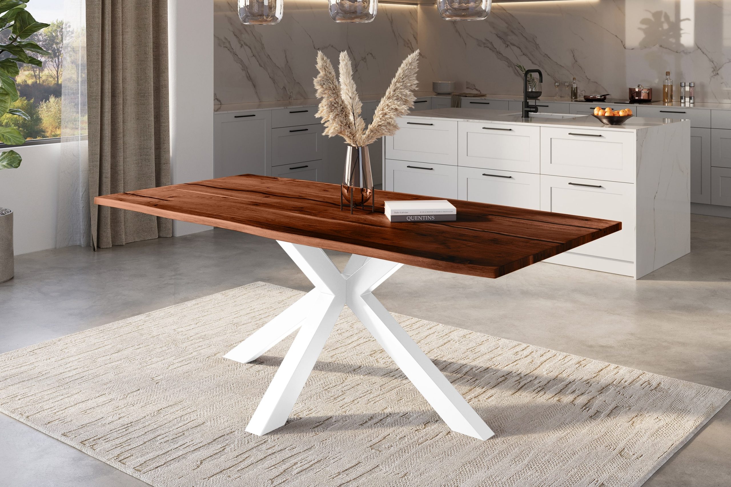 Baumkantentisch Akazie nussbaum mit schwarzen Resin-Adern 240 x 100 cm Spider-Gestell weiß POLLY