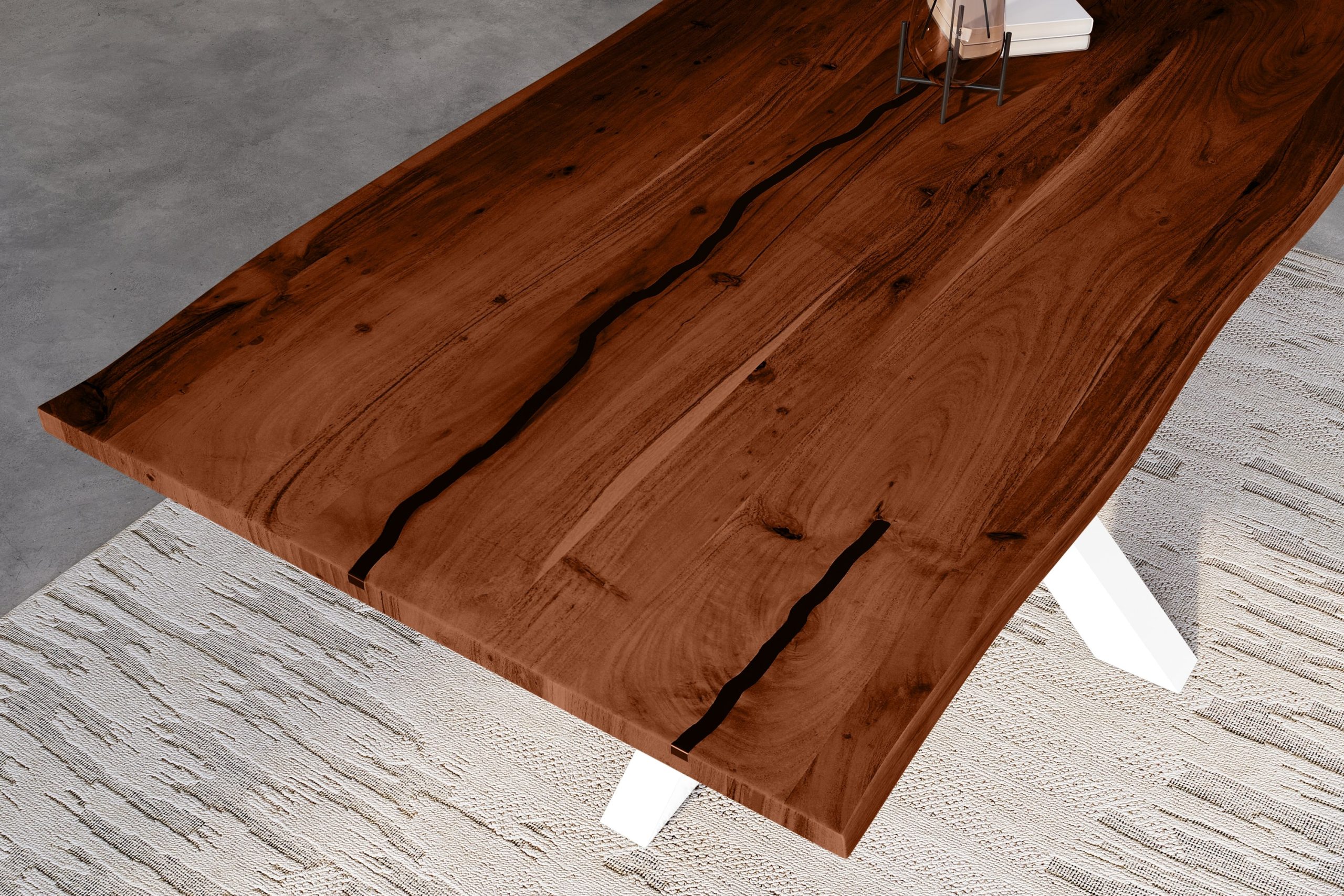 Baumkantentisch Akazie nussbaum mit schwarzen Resin-Adern 240 x 100 cm Spider-Gestell weiß POLLY – Bild 6