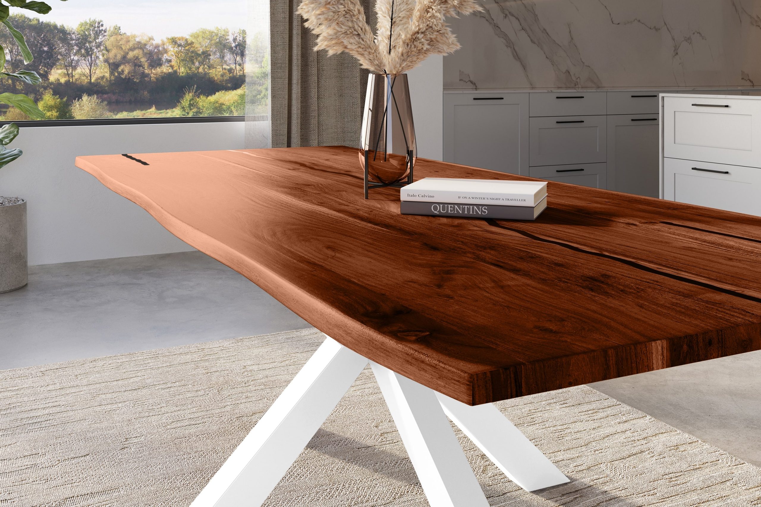 Baumkantentisch Akazie nussbaum mit schwarzen Resin-Adern 300 x 100 cm Spider-Gestell weiß POLLY – Bild 4