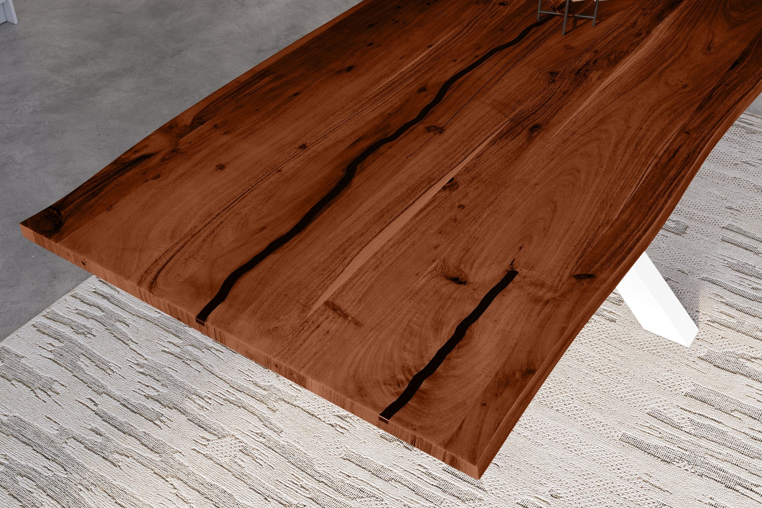 Baumkantentisch Akazie nussbaum mit schwarzen Resin-Adern 300 x 100 cm Spider-Gestell weiß POLLY – Bild 6