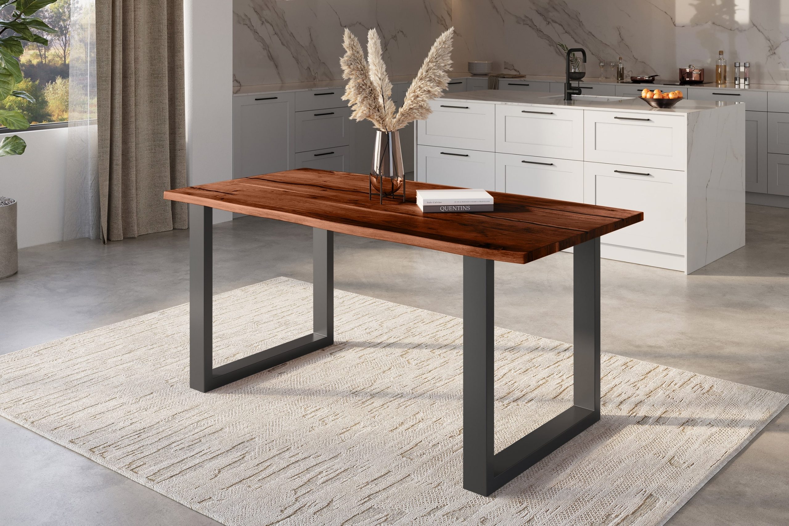 Baumkantentisch Akazie nussbaum mit schwarzen Resin-Adern 120 x 80 U-Gestell schwarz POLLY