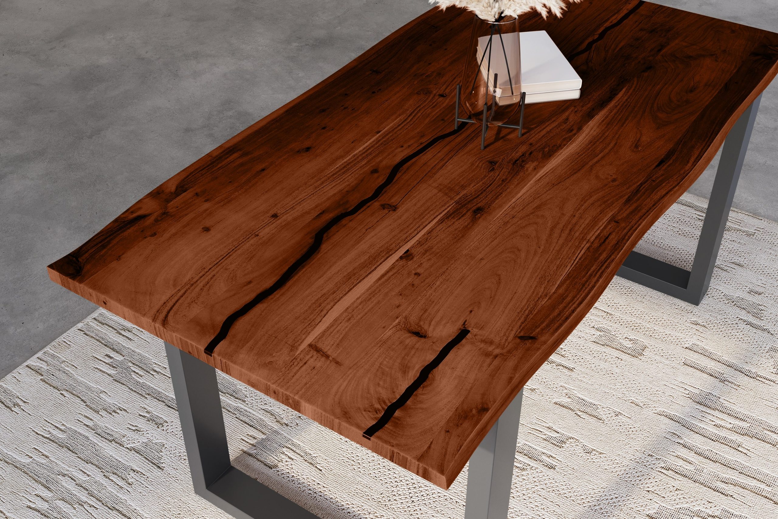 Baumkantentisch Akazie nussbaum mit schwarzen Resin-Adern 140 x 80 cm U-Gestell schwarz POLLY – Bild 7