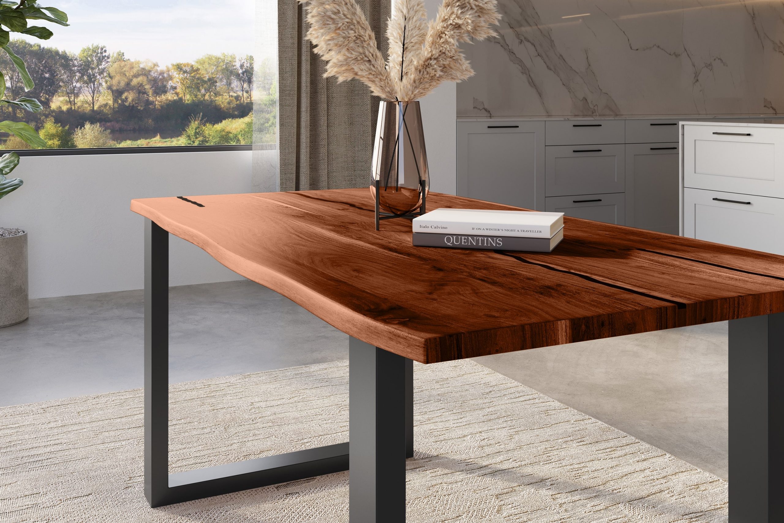 Baumkantentisch Akazie nussbaum mit schwarzen Resin-Adern 160 x 85 cm U-Gestell schwarz POLLY – Bild 4