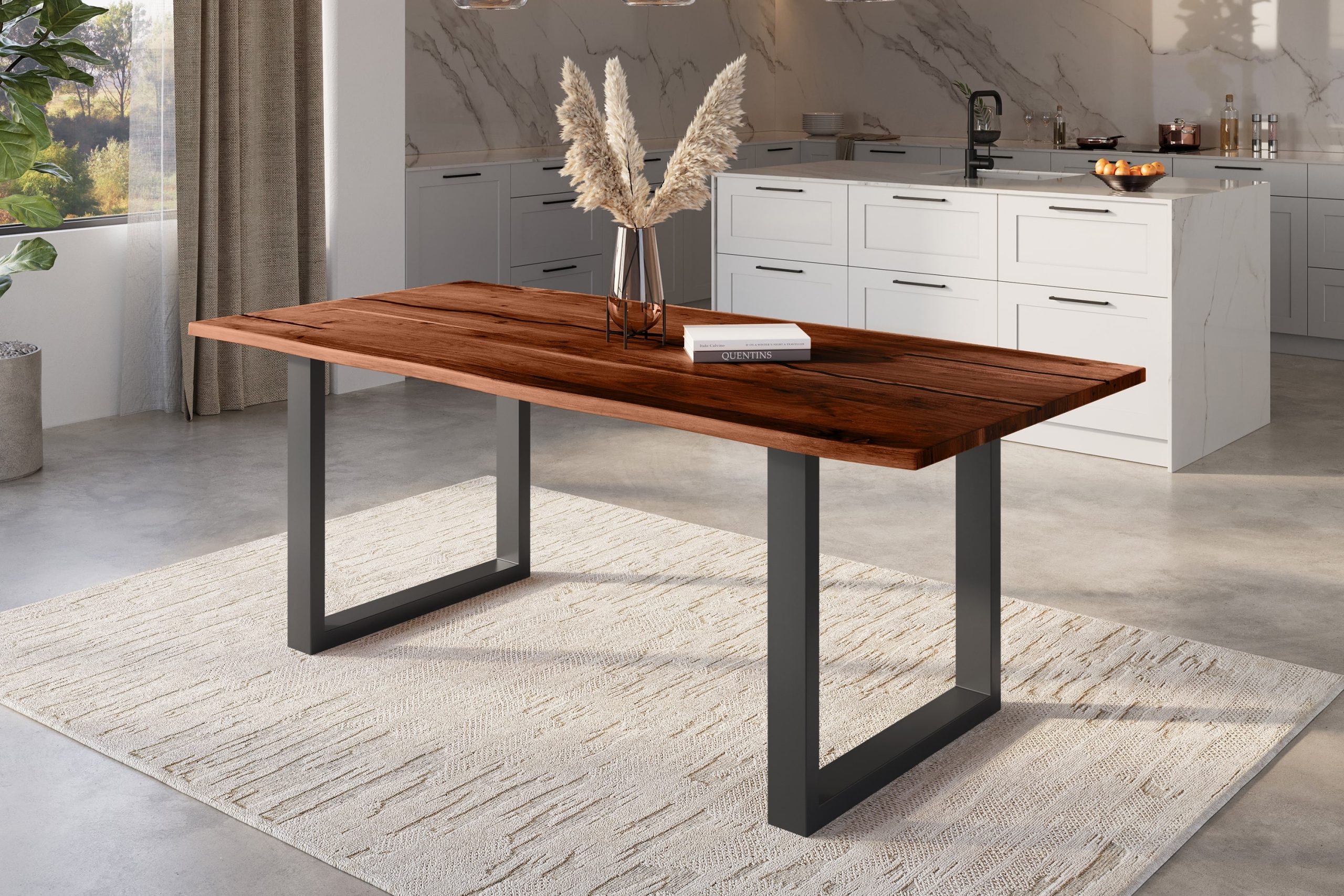 Baumkantentisch Akazie nussbaum mit schwarzen Resin-Adern 240 x 100 cm U-Gestell schwarz POLLY