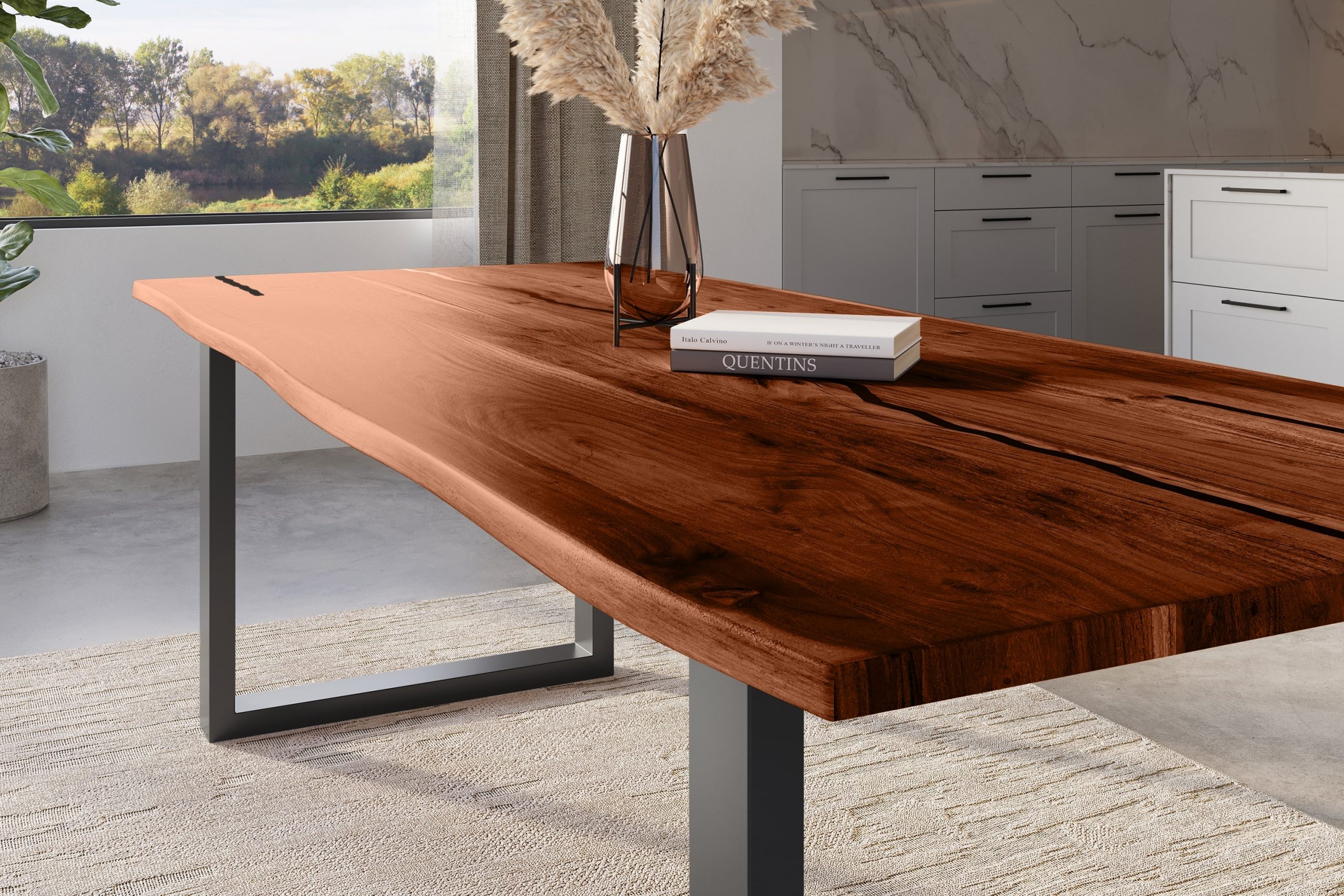 Baumkantentisch Akazie nussbaum mit schwarzen Resin-Adern 300 x 100 cm U-Gestell schwarz POLLY – Bild 4