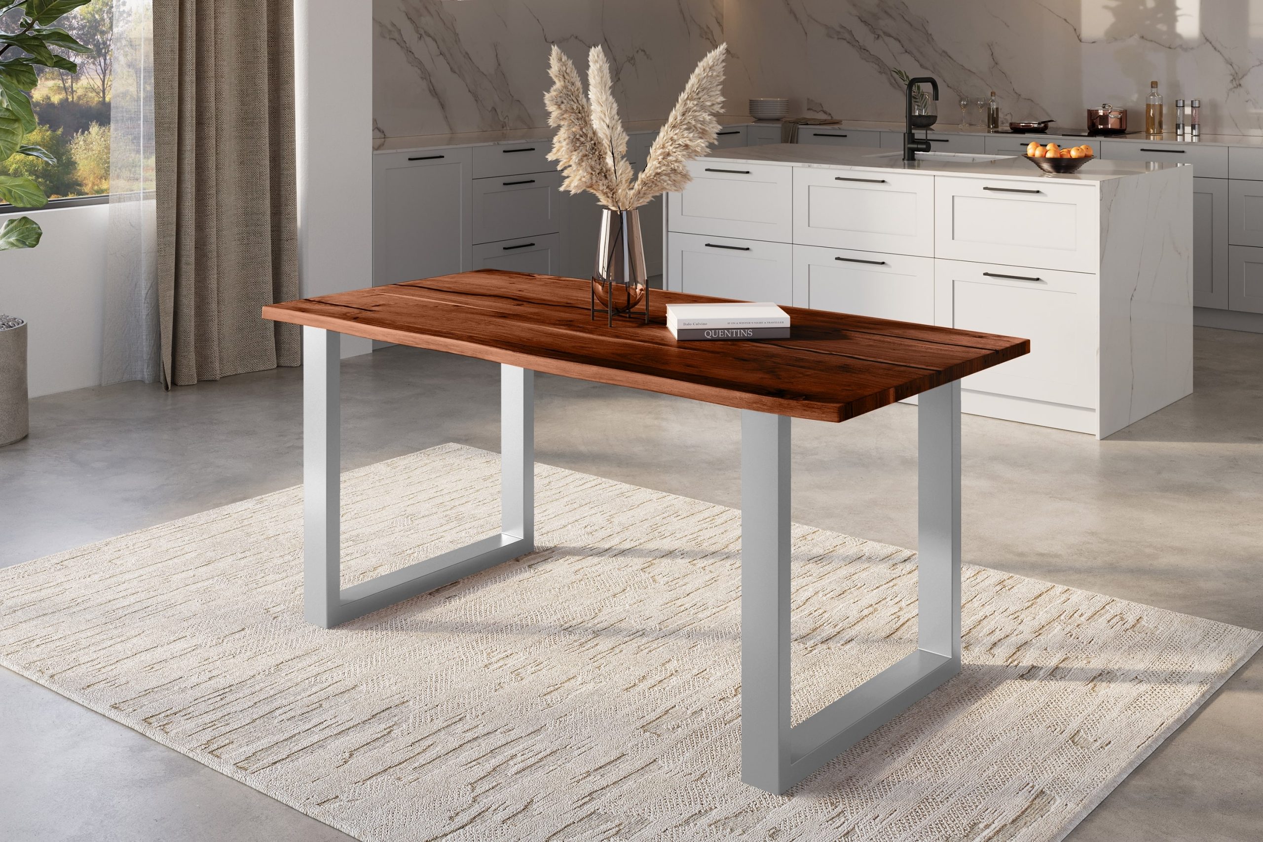 Baumkantentisch Akazie nussbaum mit schwarzen Resin-Adern 120 x 80 U-Gestell silber POLLY