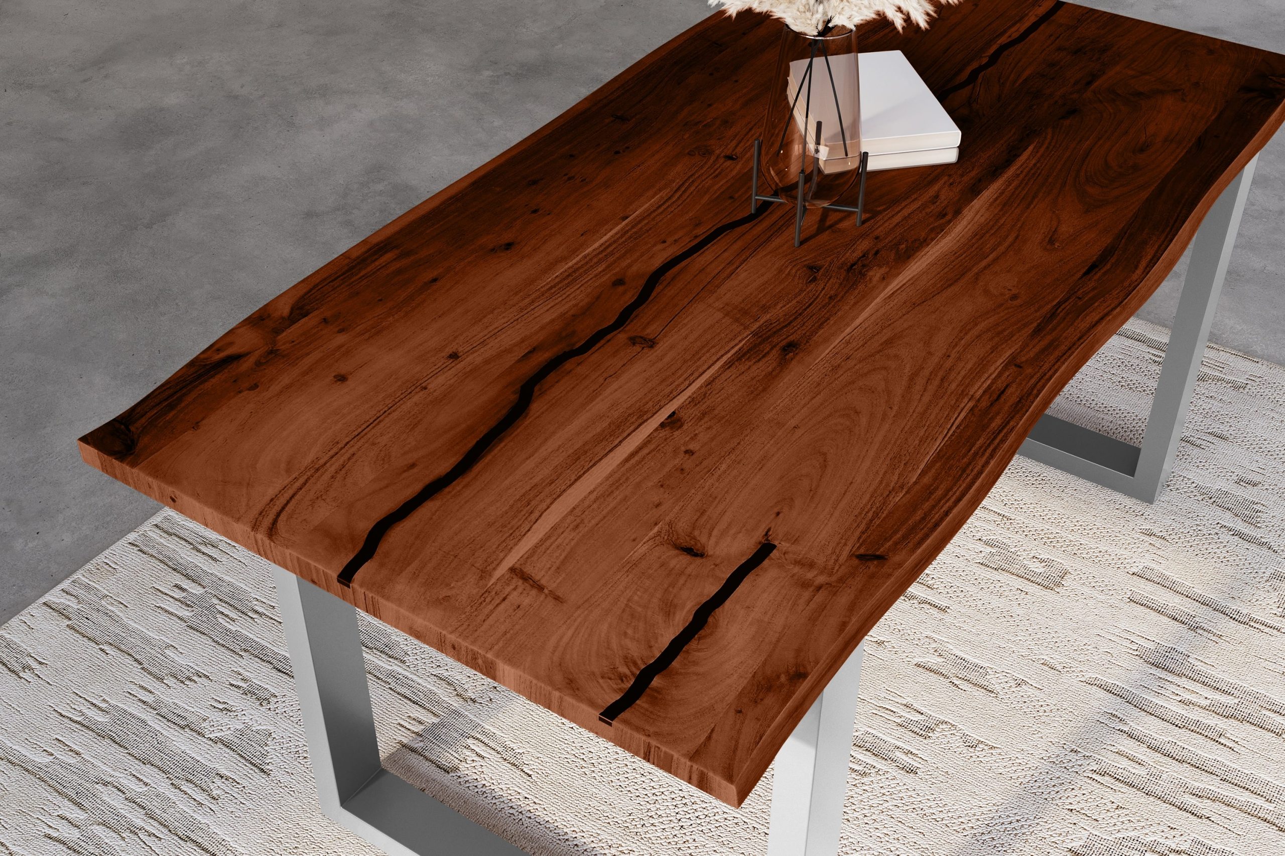 Baumkantentisch Akazie nussbaum mit schwarzen Resin-Adern 140 x 80 cm U-Gestell silber POLLY – Bild 7