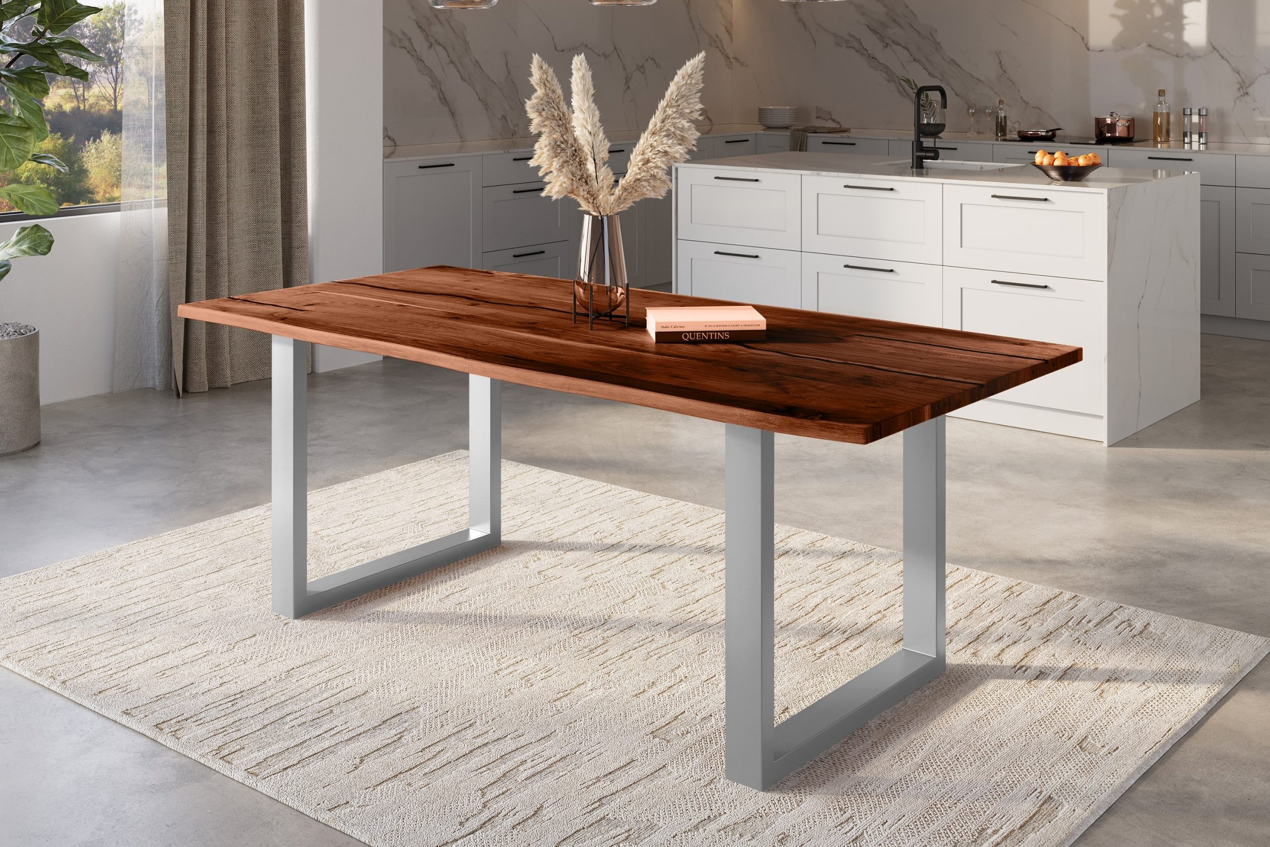 Baumkantentisch Akazie nussbaum mit schwarzen Resin-Adern 240 x 100 cm U-Gestell silber POLLY