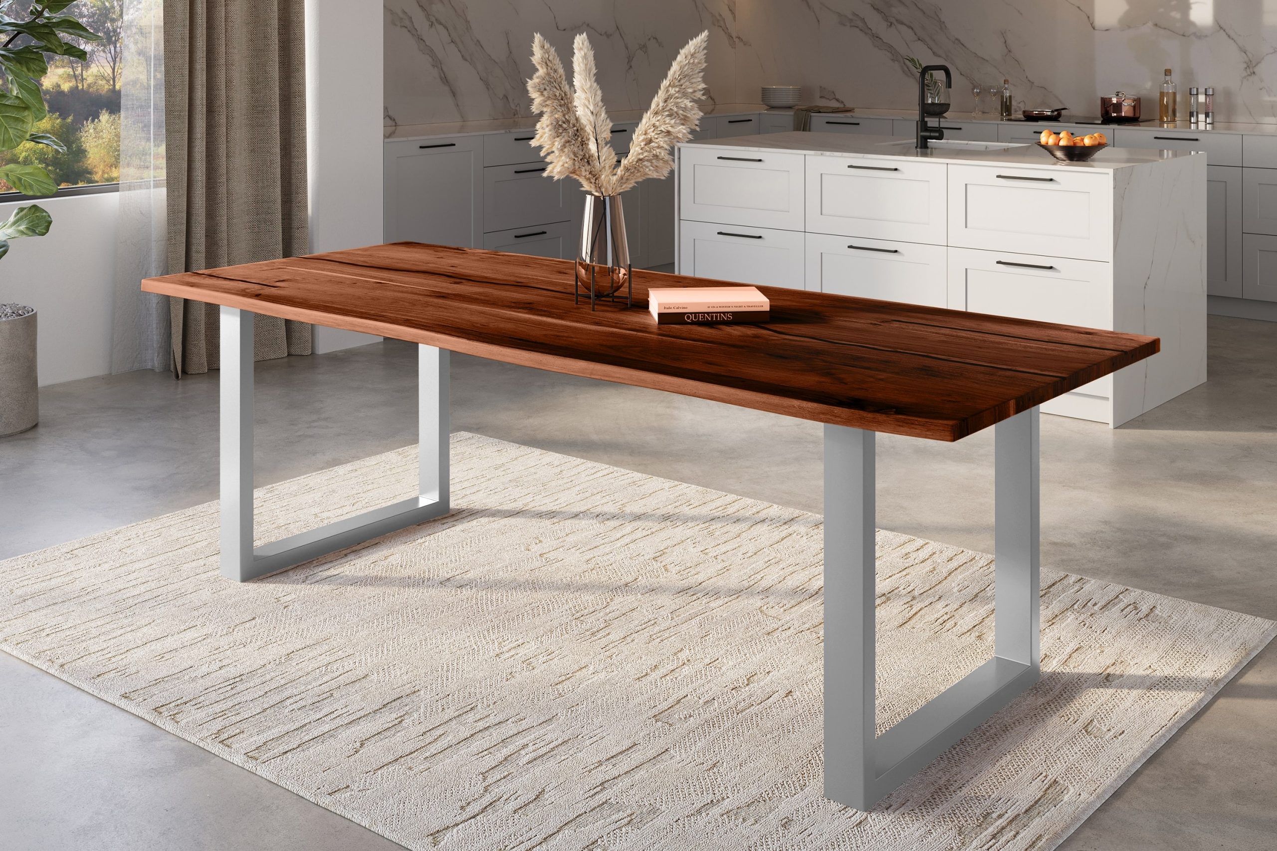 Baumkantentisch Akazie nussbaum mit schwarzen Resin-Adern 300 x 100 cm U-Gestell silber POLLY