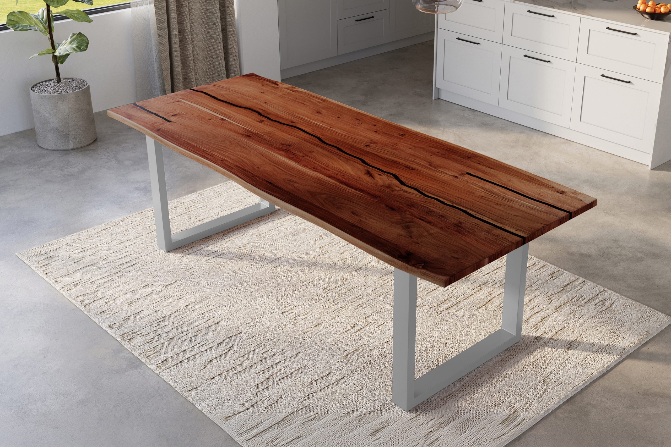 Baumkantentisch Akazie nussbaum mit schwarzen Resin-Adern 300 x 100 cm U-Gestell silber POLLY – Bild 5