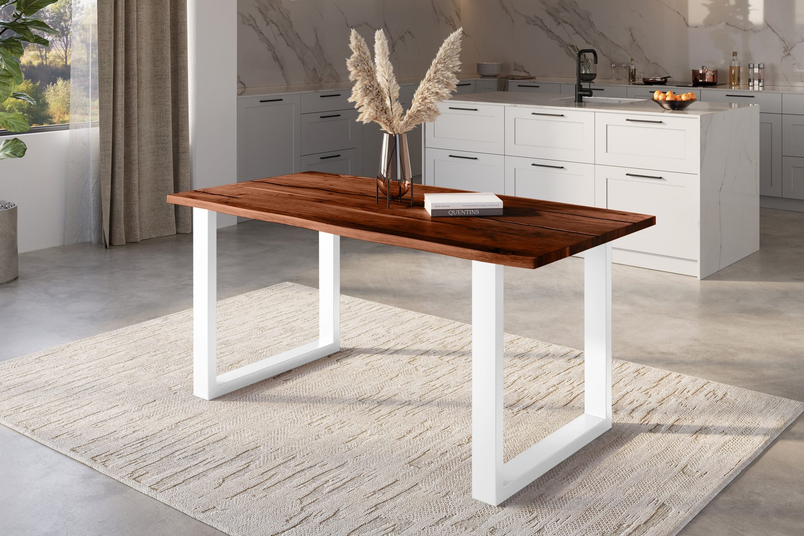 Baumkantentisch Akazie nussbaum mit schwarzen Resin-Adern 120 x 80 U-Gestell weiß POLLY