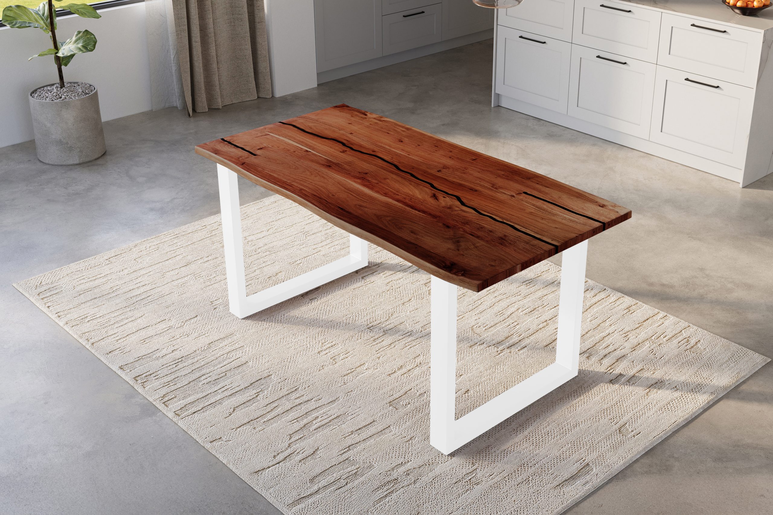 Baumkantentisch Akazie nussbaum mit schwarzen Resin-Adern 140 x 80 cm U-Gestell weiß POLLY – Bild 6