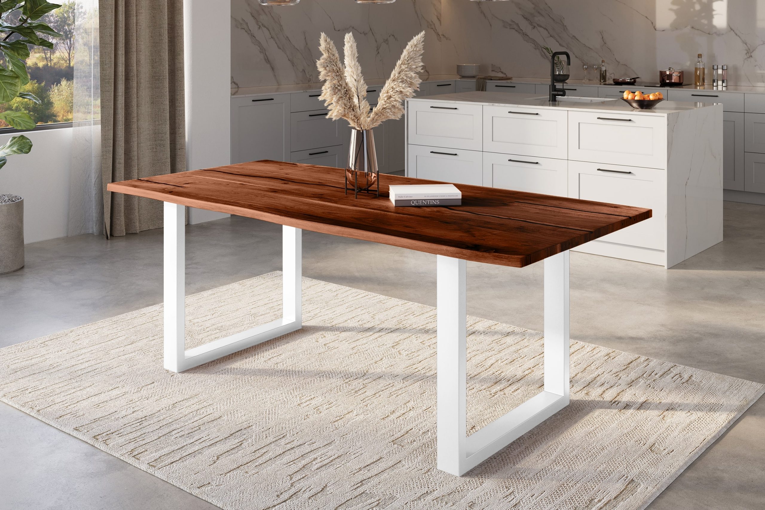 Baumkantentisch Akazie nussbaum mit schwarzen Resin-Adern 240 x 100 cm U-Gestell weiß POLLY