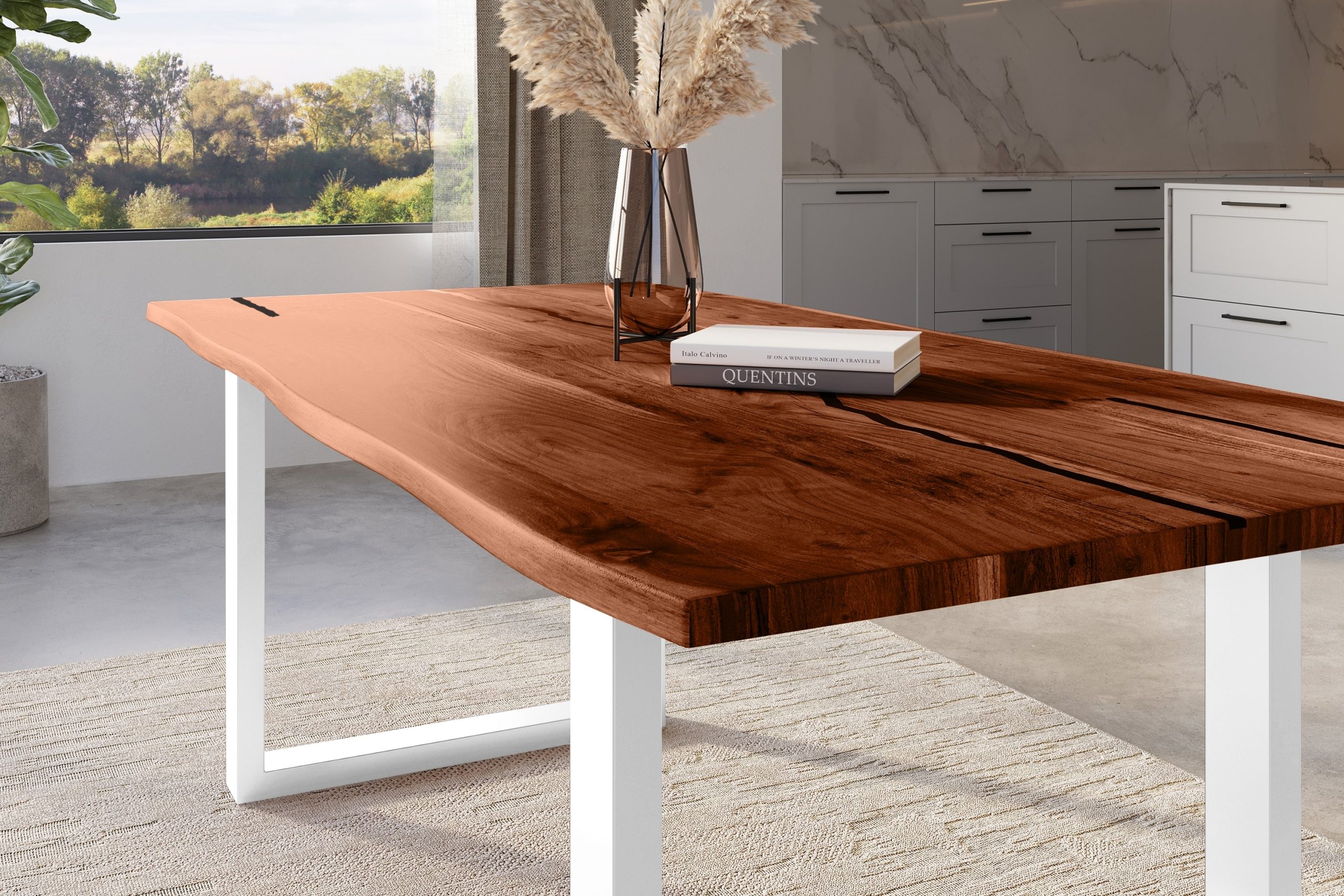 Baumkantentisch Akazie nussbaum mit schwarzen Resin-Adern 240 x 100 cm U-Gestell weiß POLLY – Bild 4