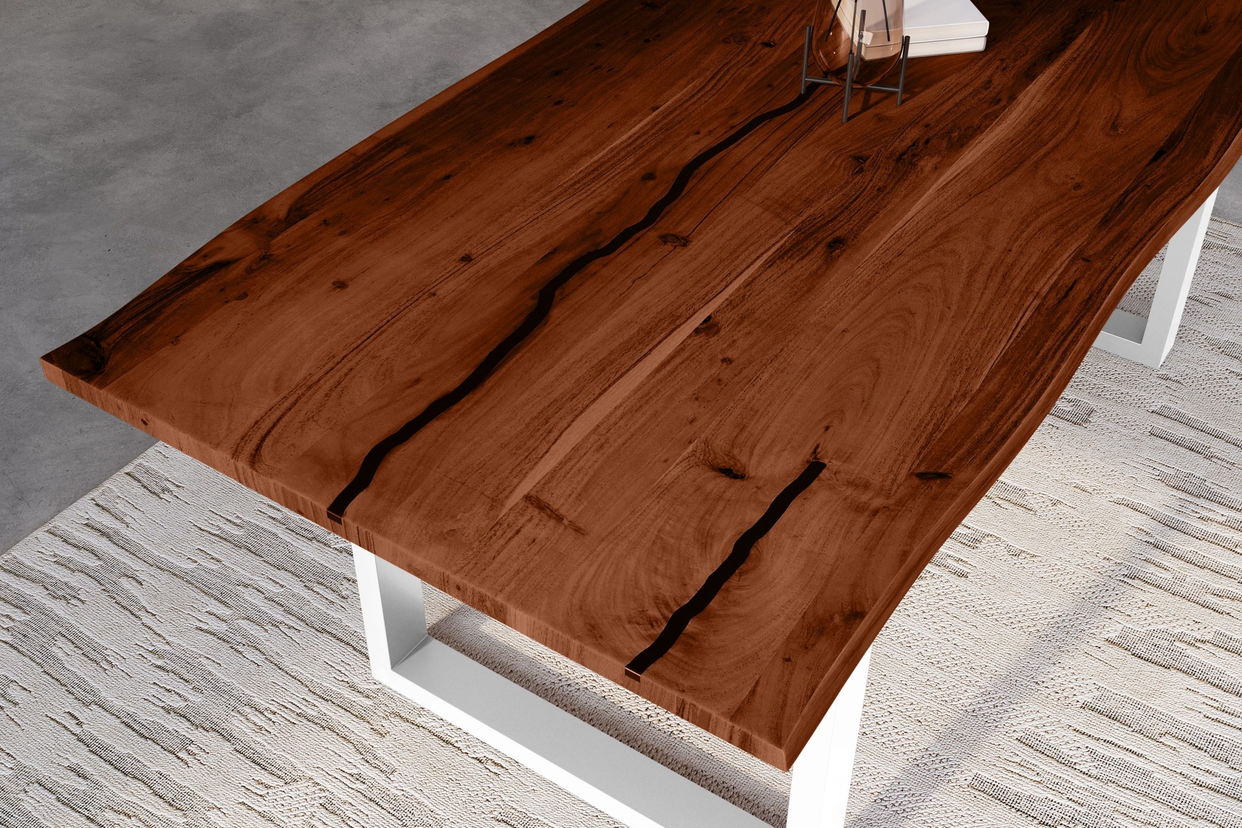 Baumkantentisch Akazie nussbaum mit schwarzen Resin-Adern 240 x 100 cm U-Gestell weiß POLLY – Bild 6