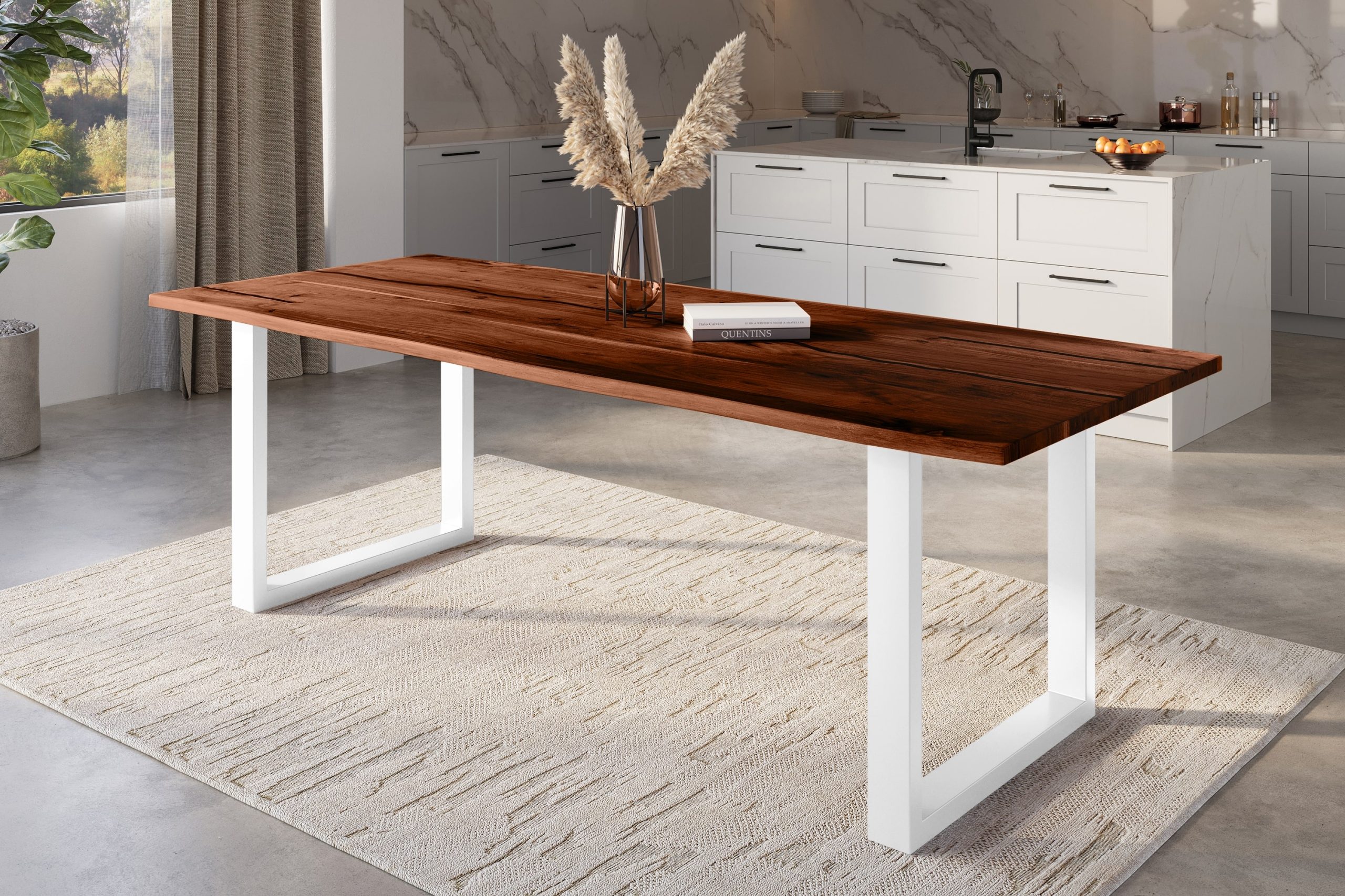 Baumkantentisch Akazie nussbaum mit schwarzen Resin-Adern 300 x 100 cm U-Gestell weiß POLLY