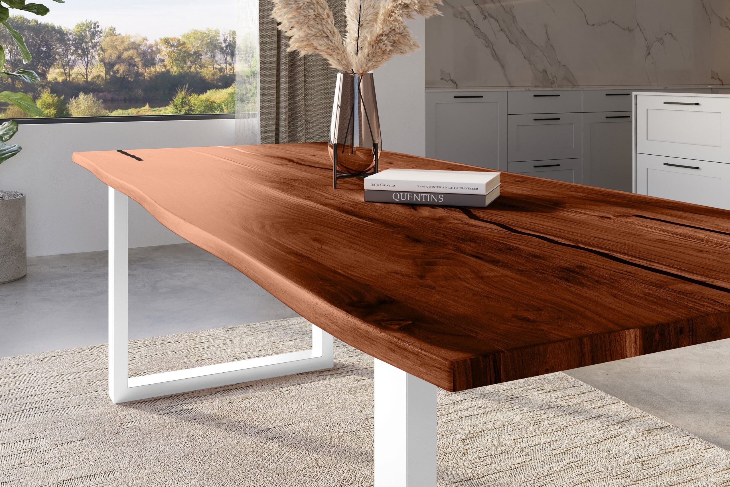 Baumkantentisch Akazie nussbaum mit schwarzen Resin-Adern 300 x 100 cm U-Gestell weiß POLLY – Bild 4