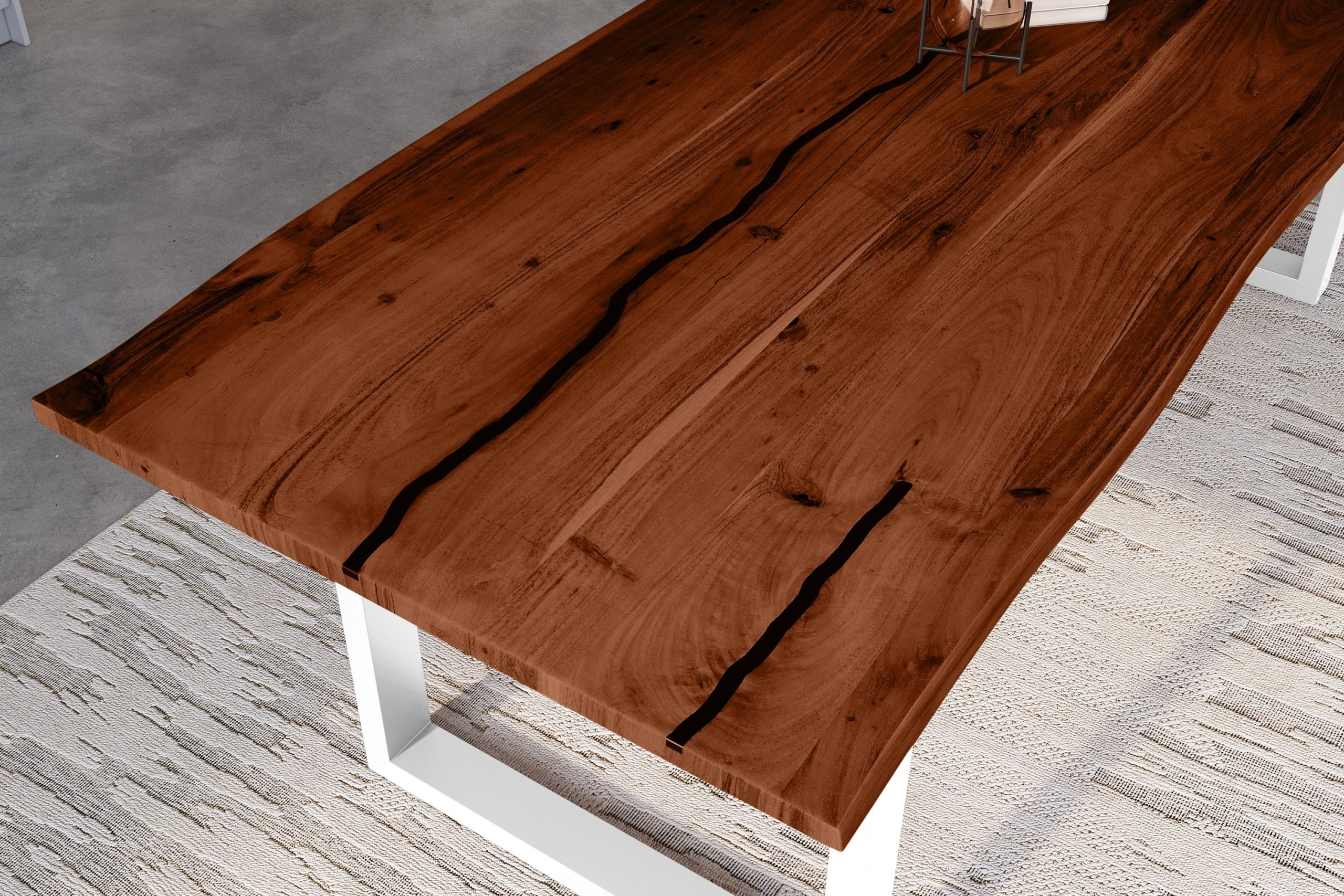 Baumkantentisch Akazie nussbaum mit schwarzen Resin-Adern 300 x 100 cm U-Gestell weiß POLLY – Bild 6