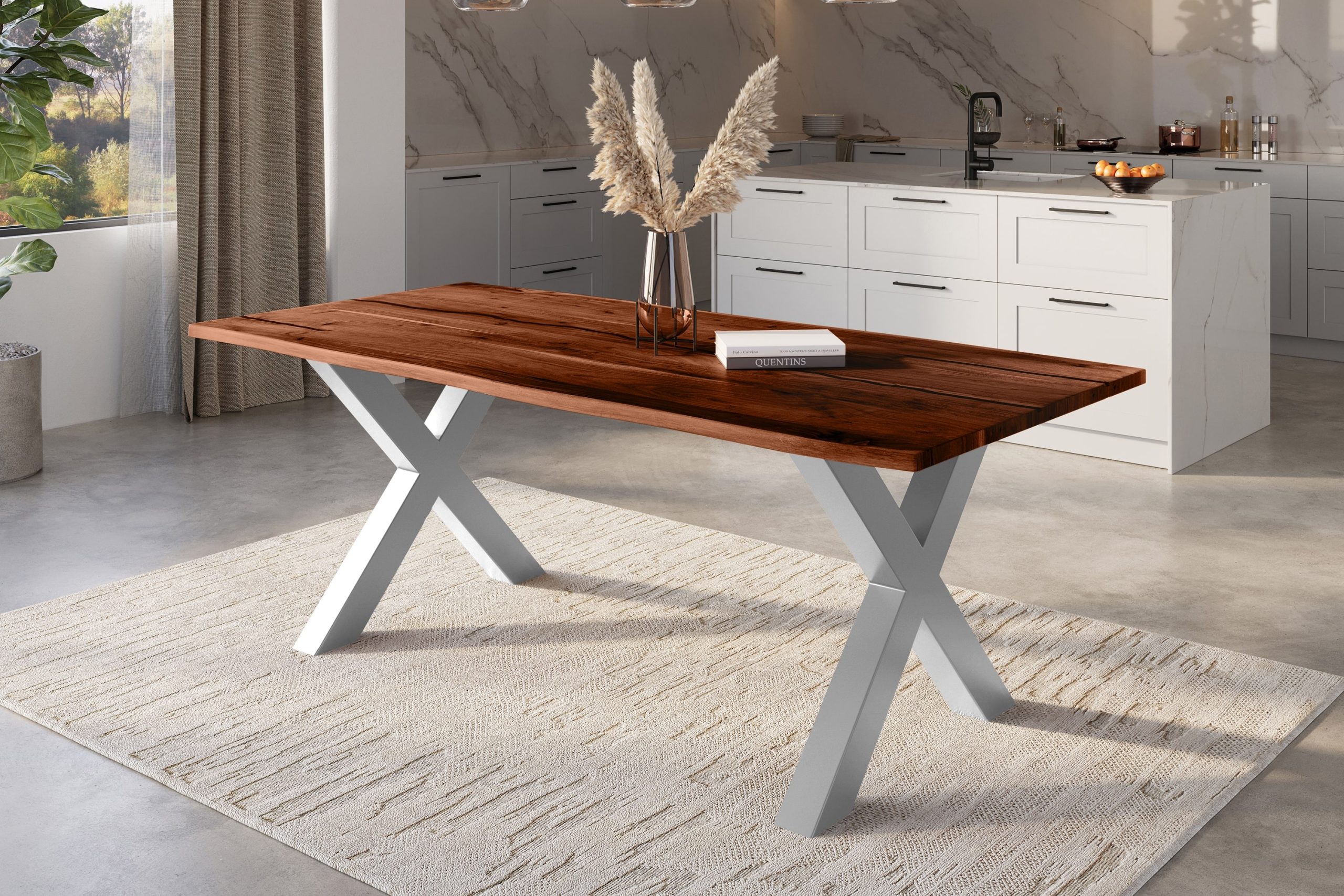 Baumkantentisch Akazie nussbaum mit schwarzen Resin-Adern 200 x 100 cm X-Gestell silber POLLY