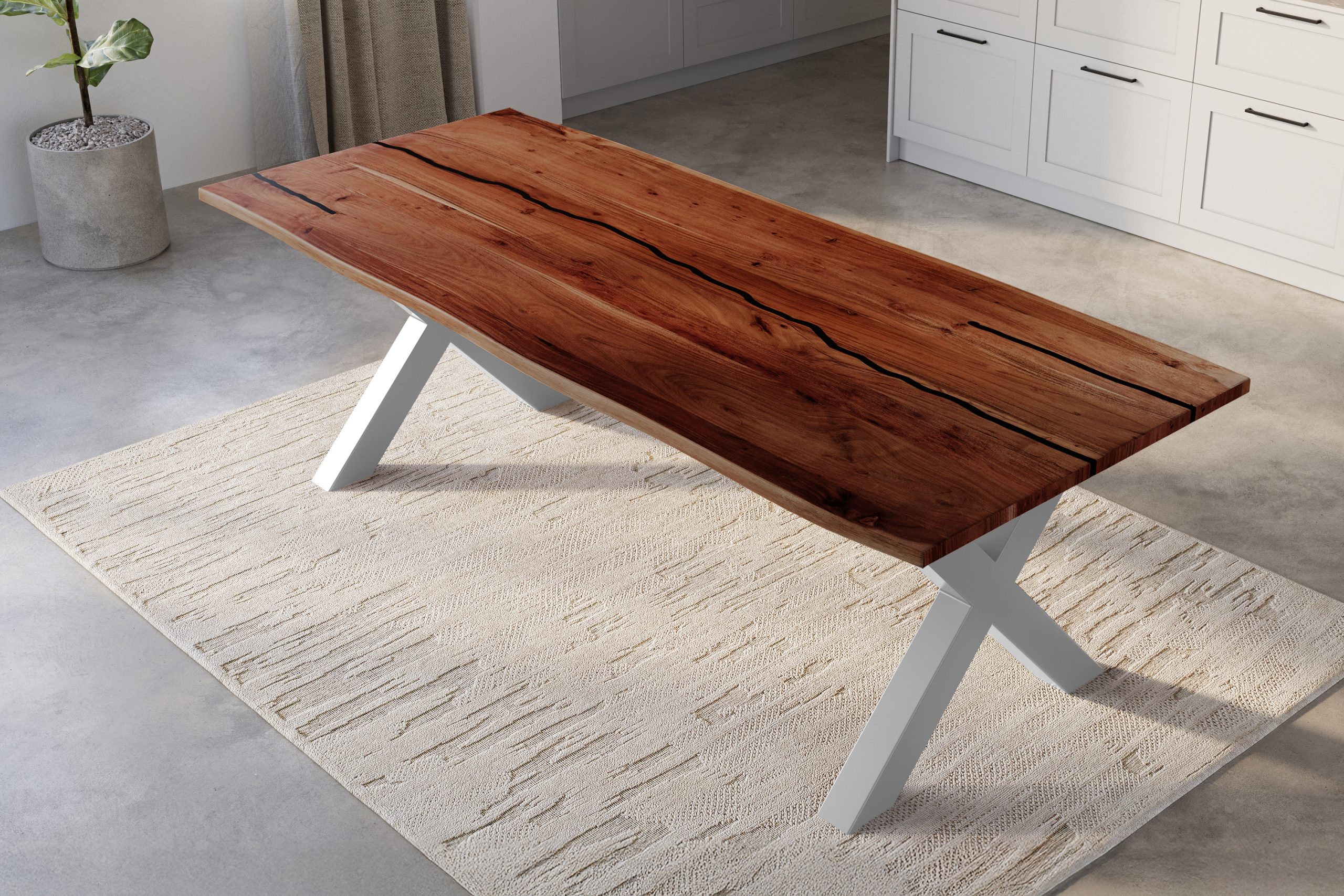 Baumkantentisch Akazie nussbaum mit schwarzen Resin-Adern 300 x 100 cm X-Gestell silber POLLY – Bild 5