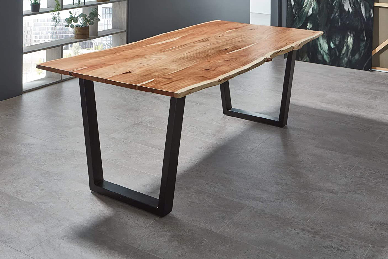 Esstisch Baumkante Natur Akazie V-Gestell schwarz 200 x 100 cm Quila