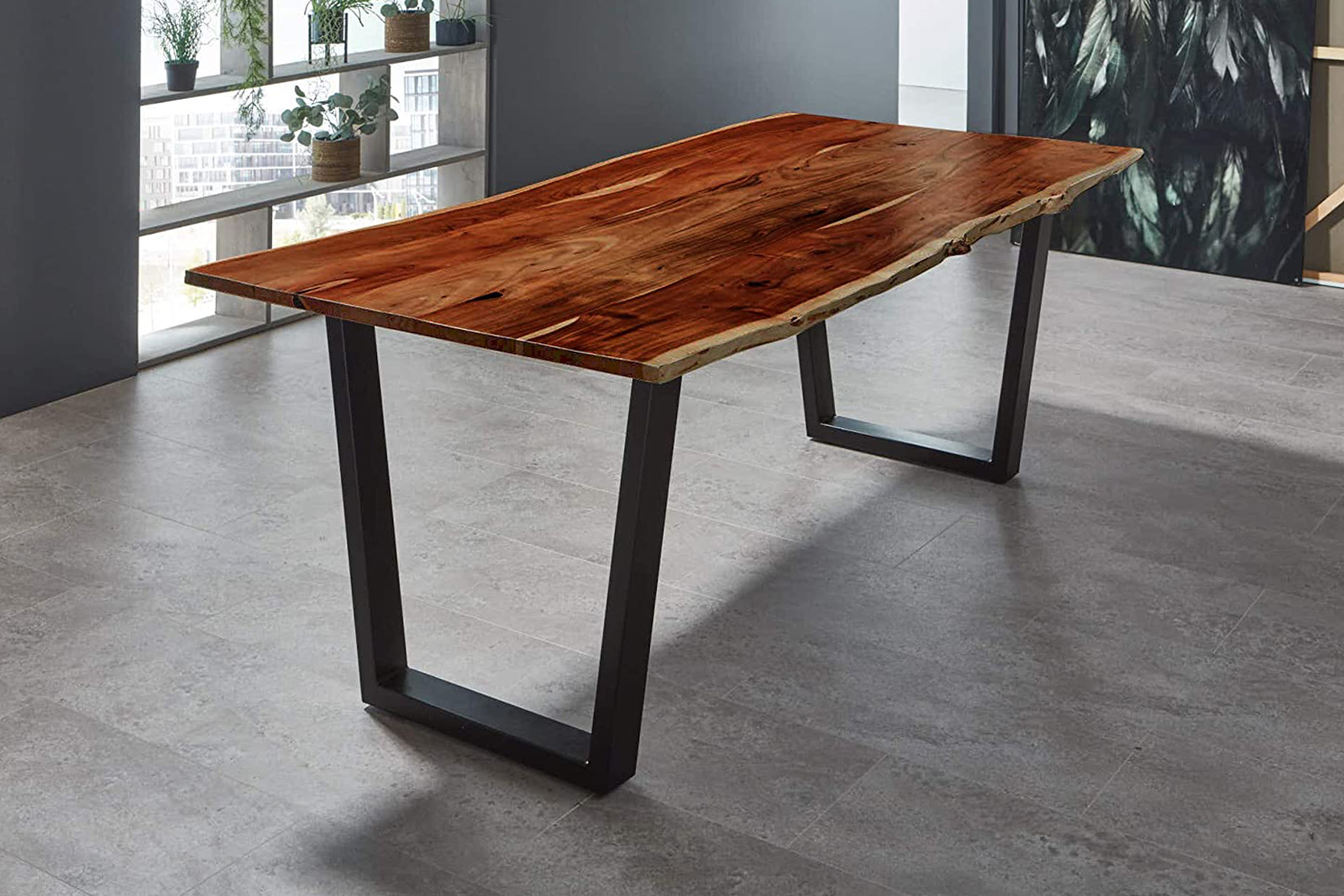 Esstisch Baumkante Nussbaum Akazie V-Gestell schwarz 200 x 100 cm Quila