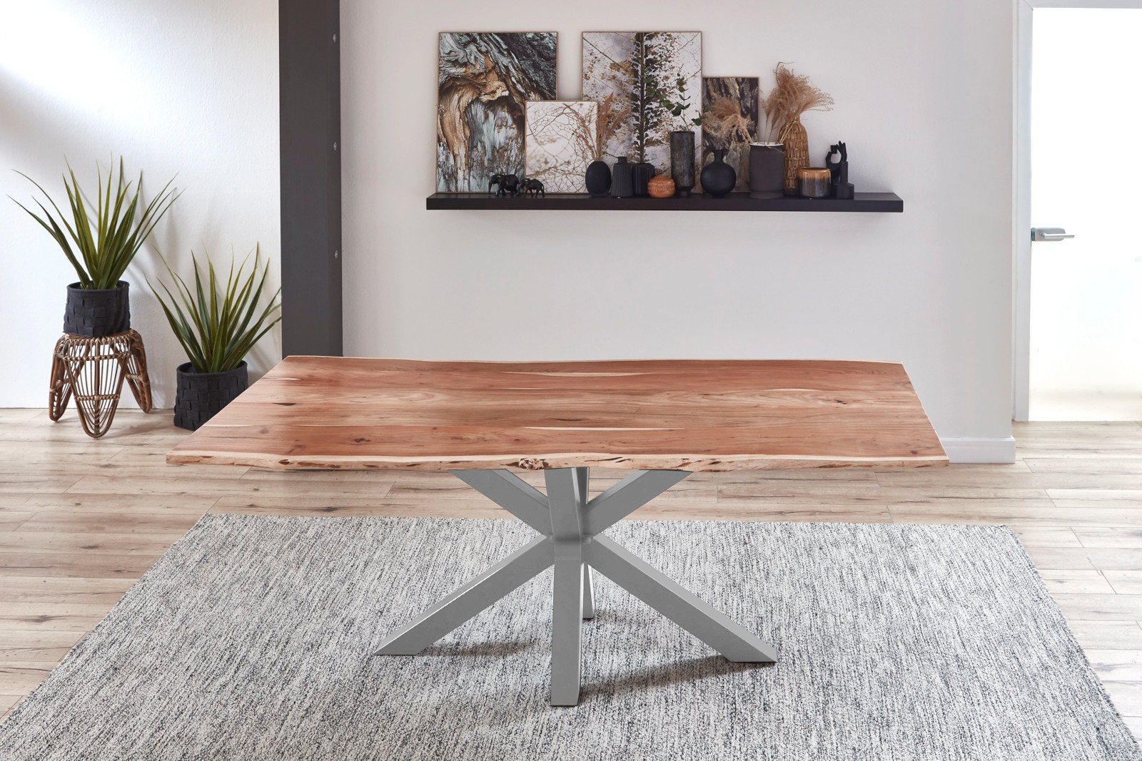 Esstisch Baumkante Akazie Natur 200 x 100 cm silber QUINCY
