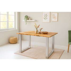Esstisch Baumkante 120 x 80 cm massiv Akazie natur U-Gestell silber QUINTUS
