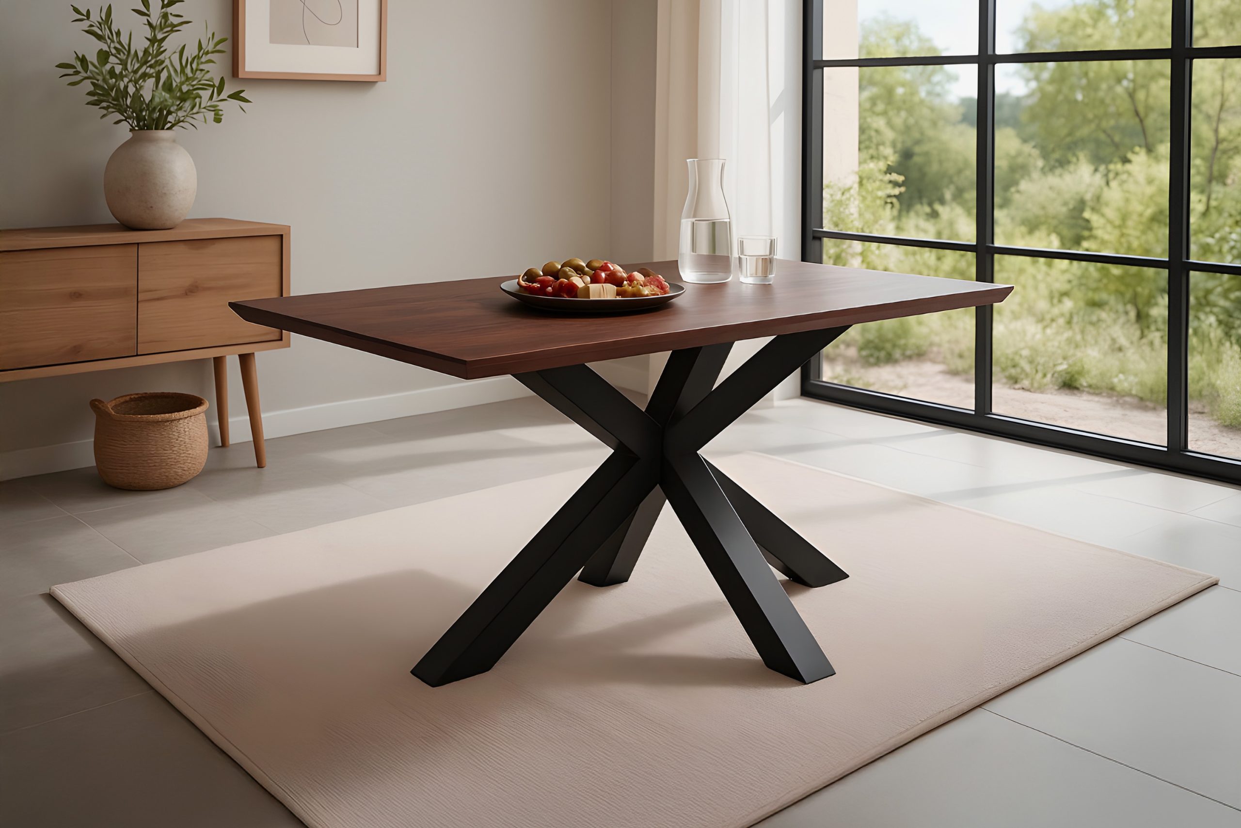 Esstisch 140x80 cm Akazie massiv kastaniefarben Schweizer Kante Spider-Gestell schwarz RITA