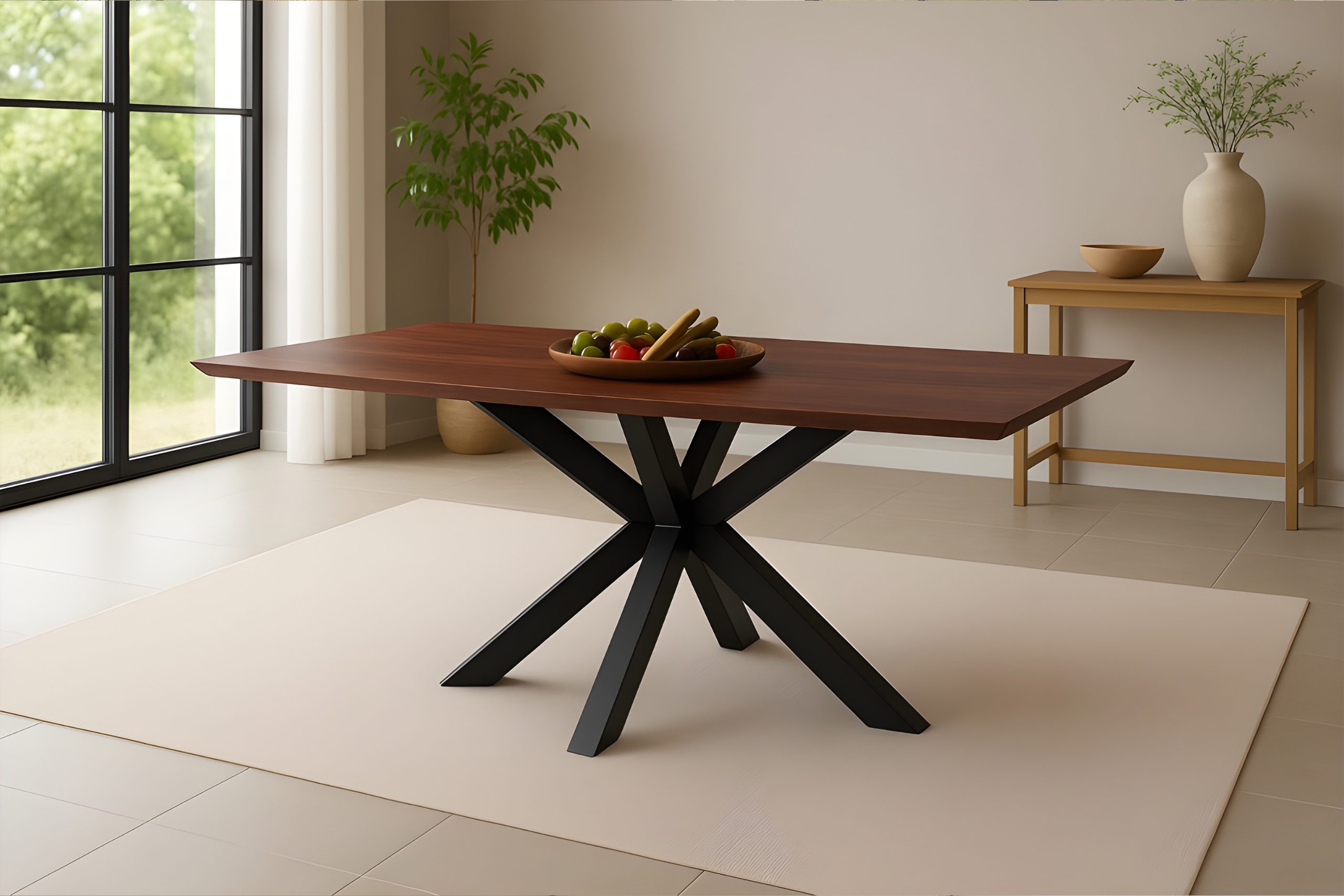 Esstisch 160x85 cm Akazie massiv kastaniefarben Schweizer Kante Spider-Gestell schwarz RITA