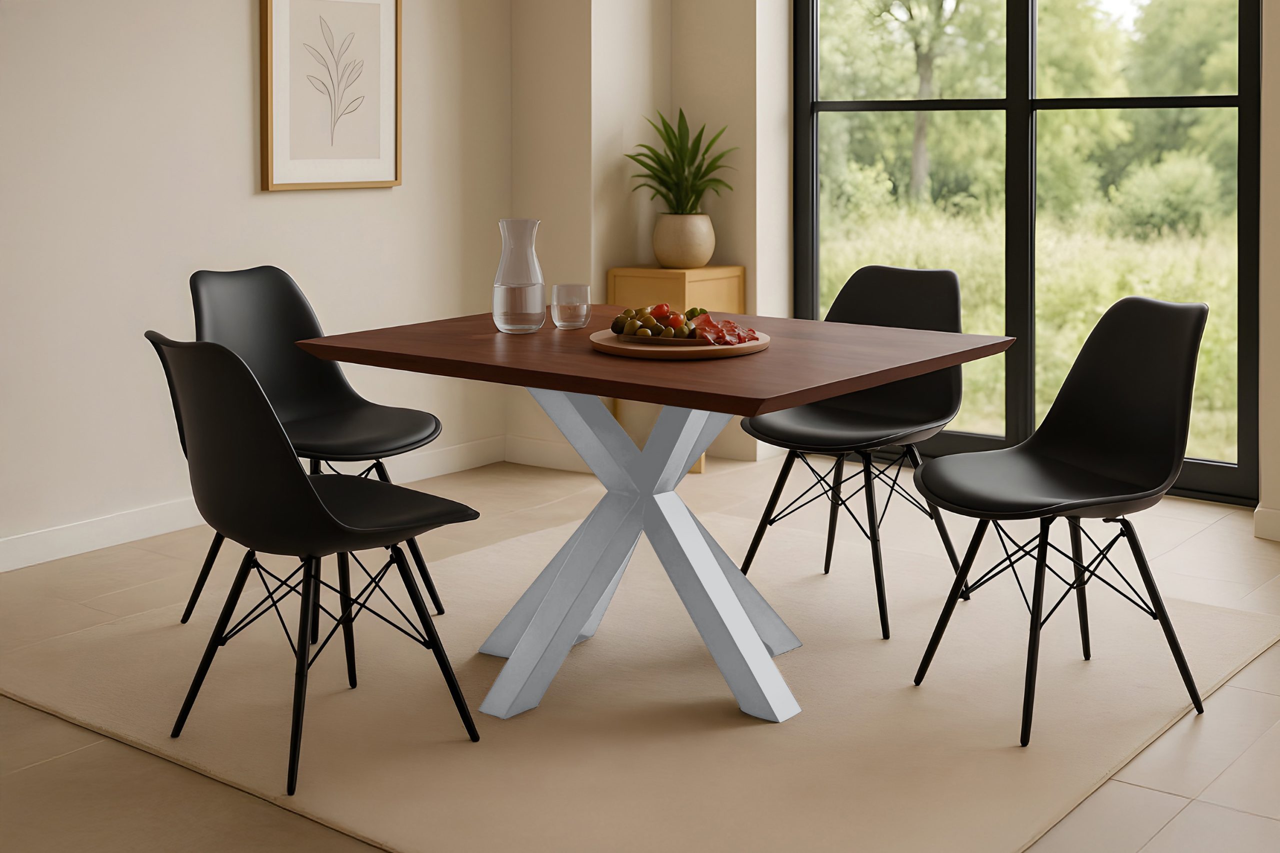 Esstisch 120x80 cm Akazie massiv kastaniefarben Schweizer Kante Spider-Gestell silber RITA – Bild 4