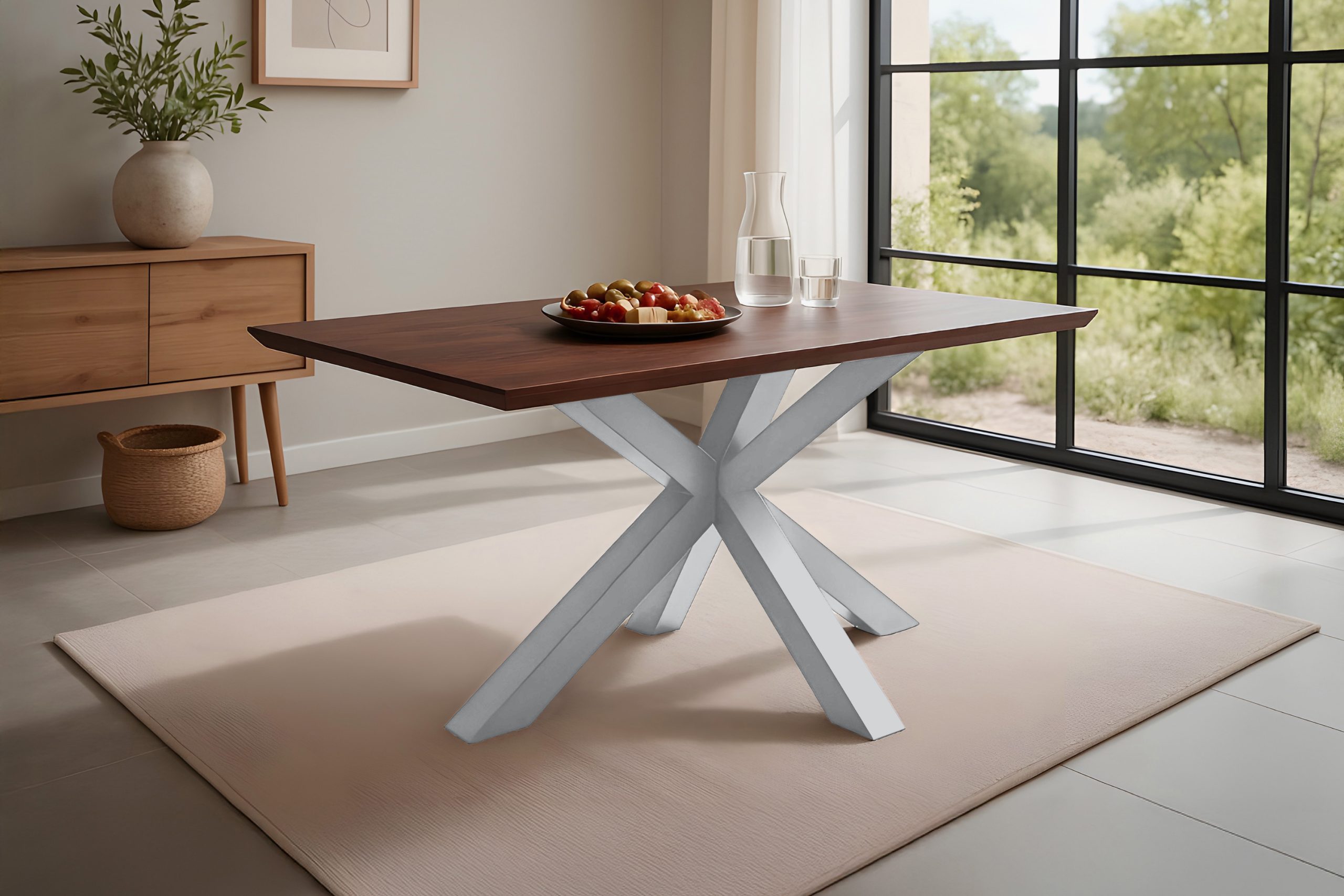 Esstisch 140x80 cm Akazie massiv kastaniefarben Schweizer Kante Spider-Gestell silber RITA