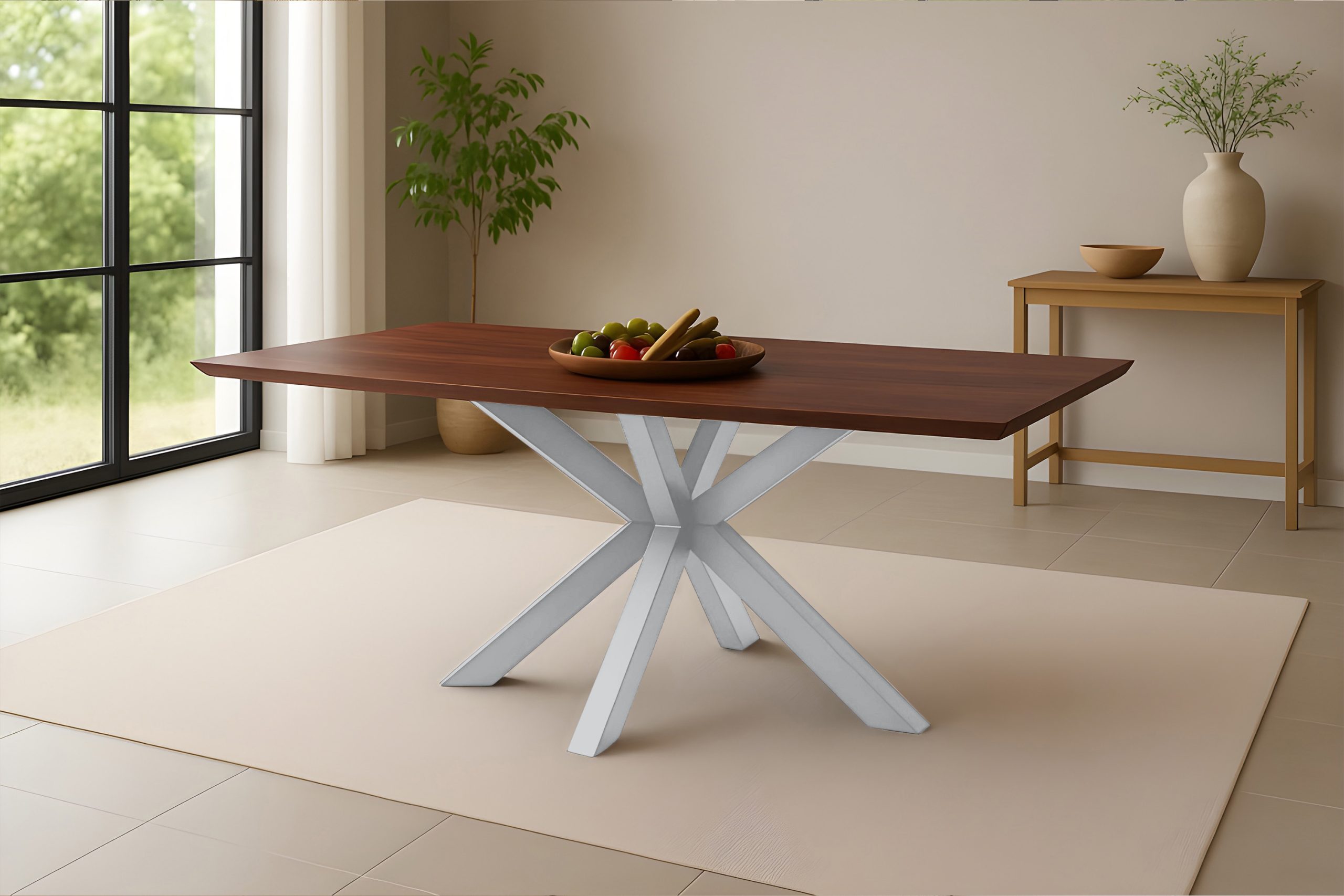 Esstisch 160x85 cm Akazie massiv kastaniefarben Schweizer Kante Spider-Gestell silber RITA