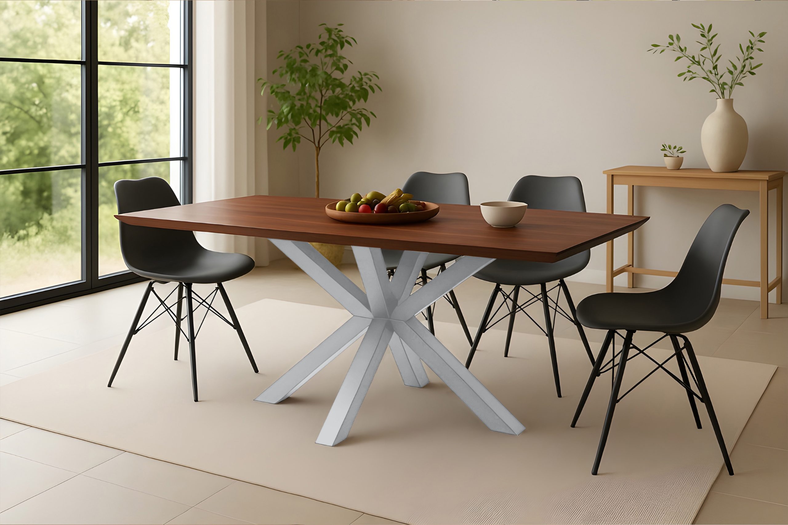 Esstisch 160x85 cm Akazie massiv kastaniefarben Schweizer Kante Spider-Gestell silber RITA – Bild 4