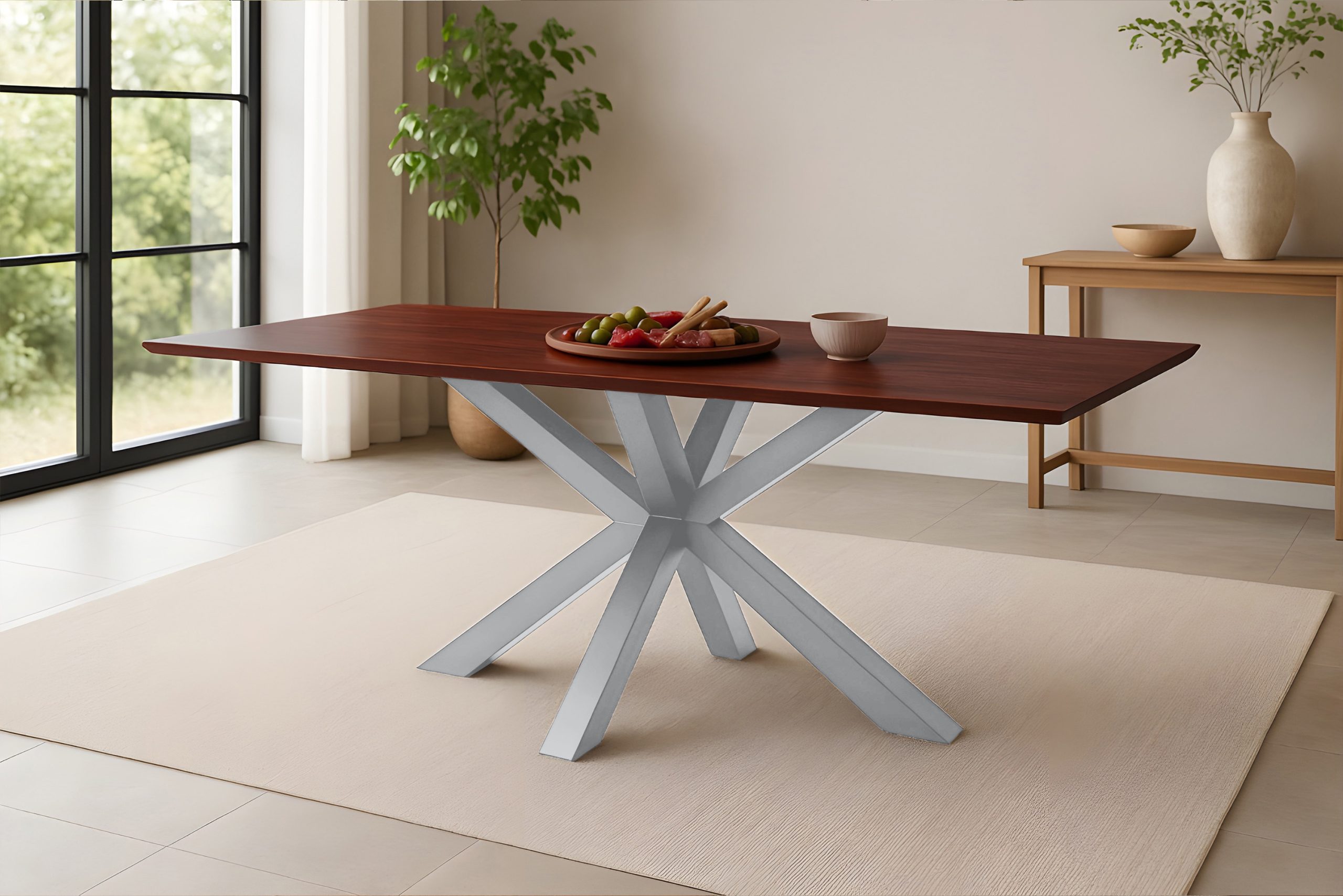 Esstisch 180x90 cm Akazie massiv kastaniefarben Schweizer Kante Spider-Gestell silber RITA