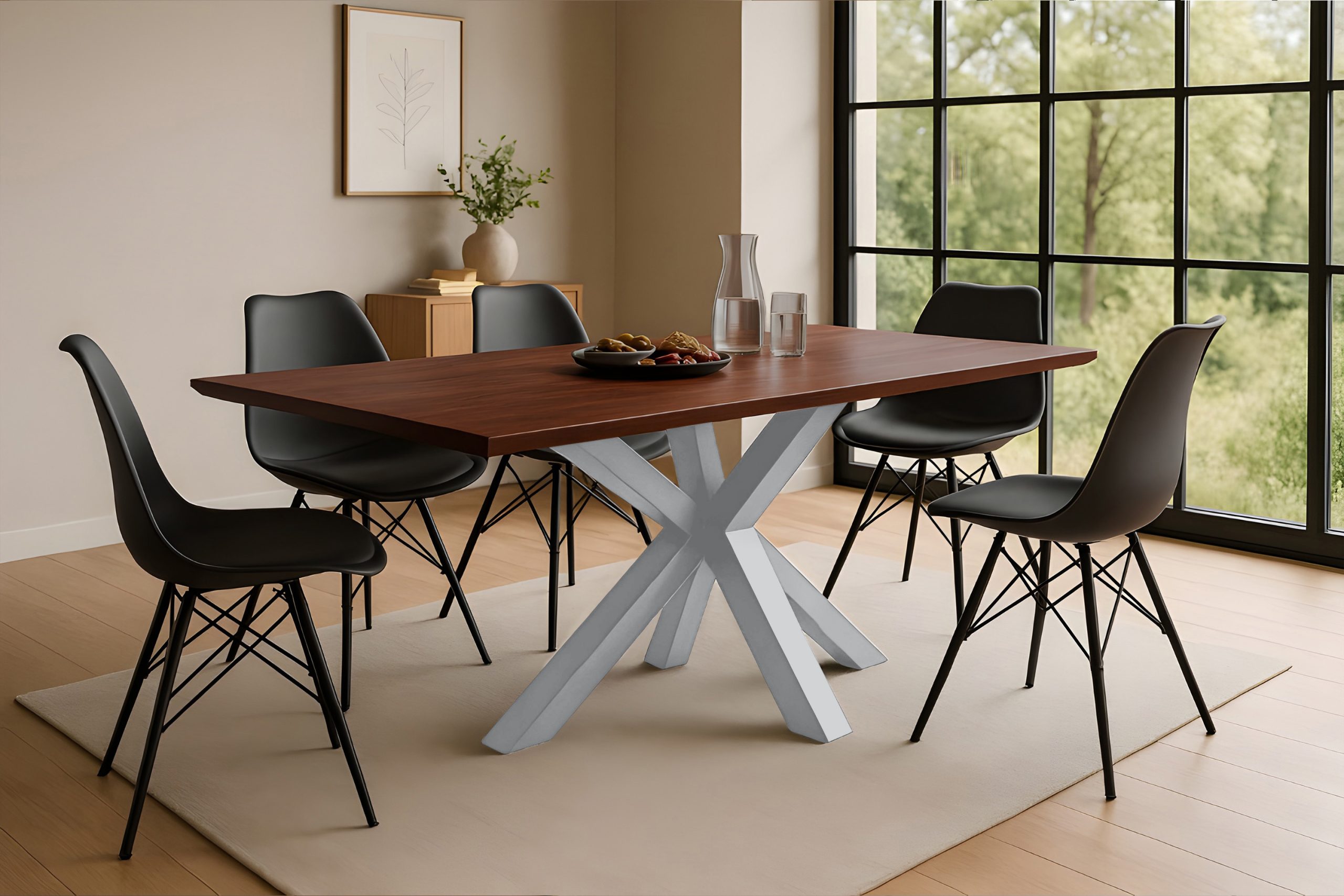 Esstisch 180x90 cm Akazie massiv kastaniefarben Schweizer Kante Spider-Gestell silber RITA – Bild 4