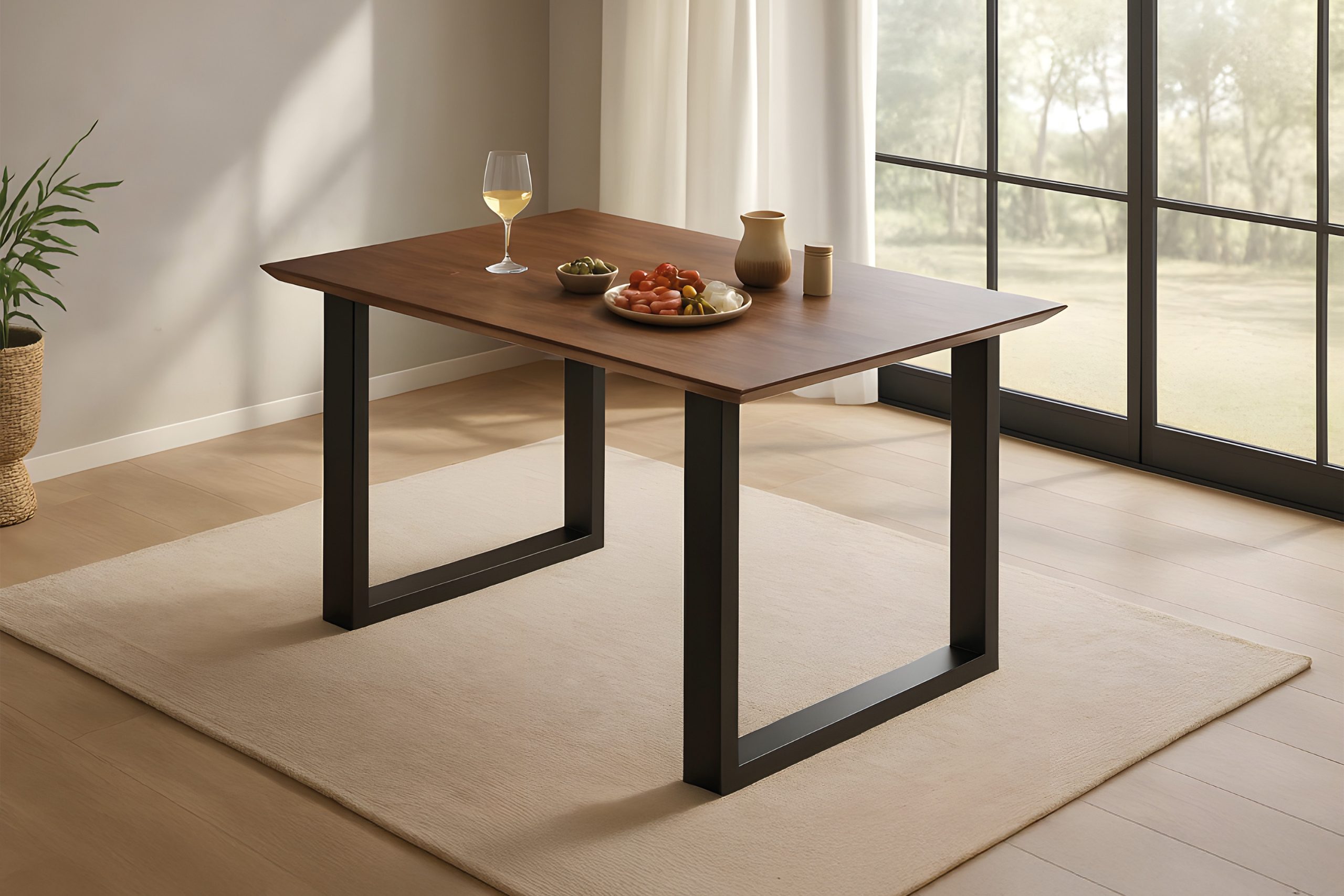 Esstisch 120x80 cm Akazie massiv kastaniefarben Schweizer Kante U-Gestell schwarz RITA