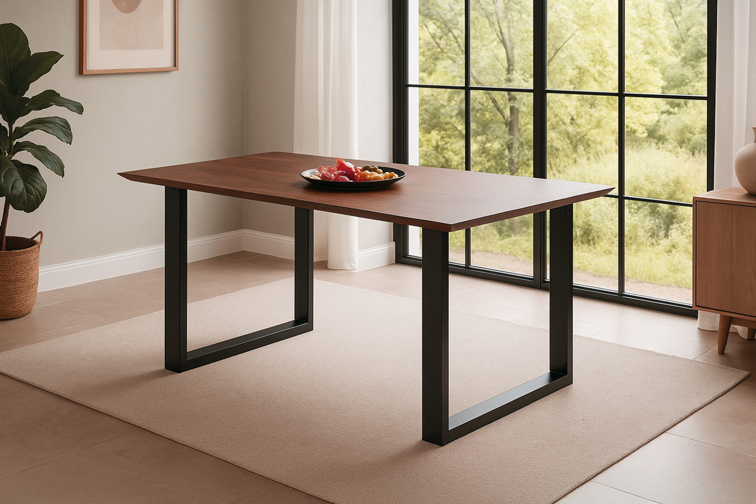 Esstisch 140x80 cm Akazie massiv kastaniefarben Schweizer Kante U-Gestell schwarz RITA