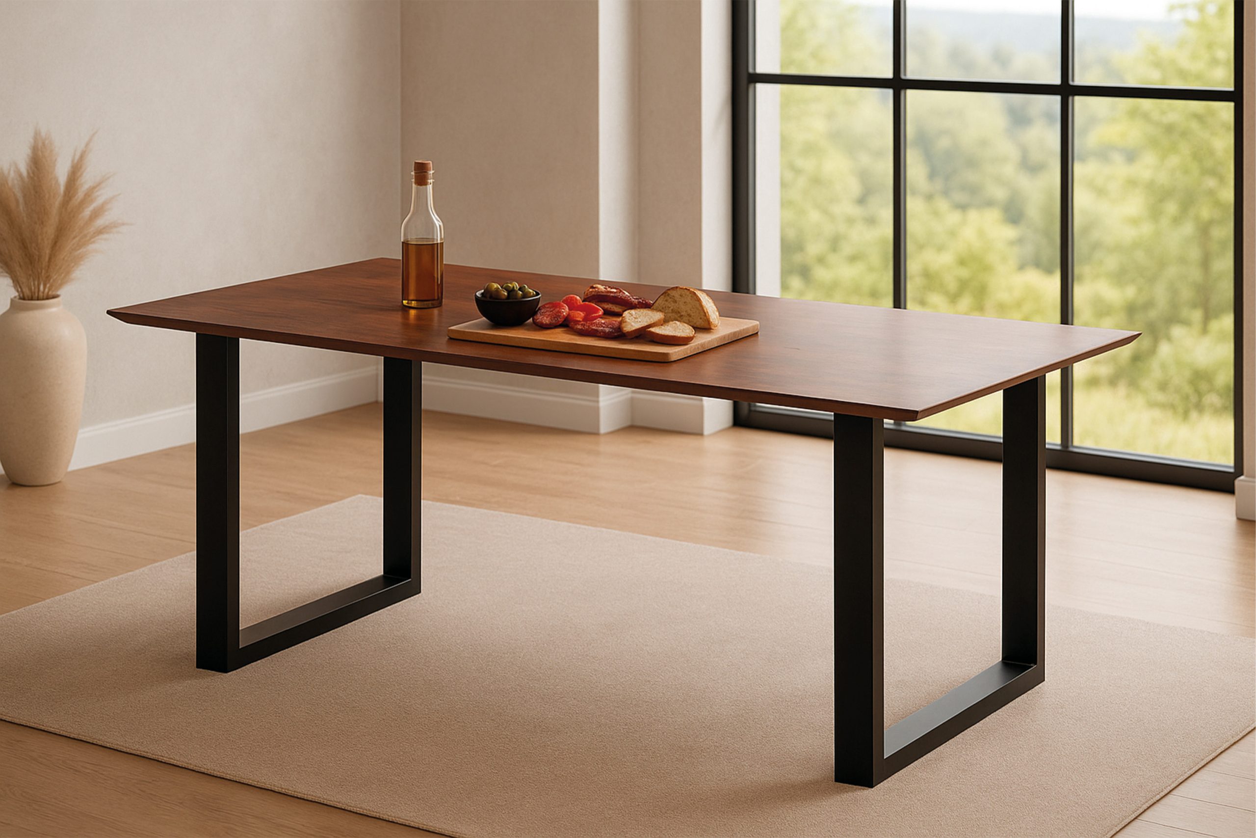 Esstisch 180x90 cm Akazie massiv kastaniefarben Schweizer Kante U-Gestell schwarz RITA