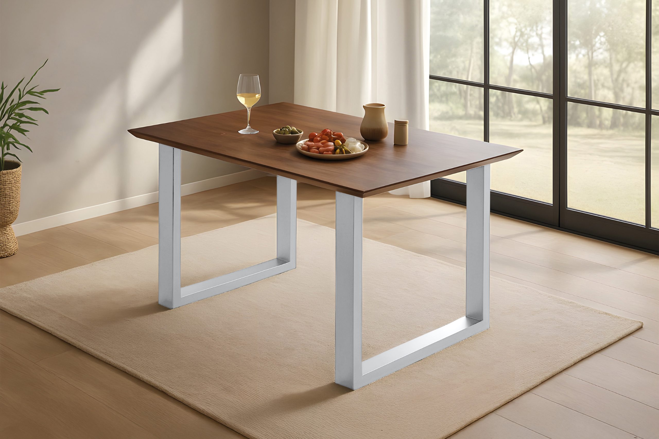 Esstisch 120x80 cm Akazie massiv kastaniefarben Schweizer Kante U-Gestell silber RITA