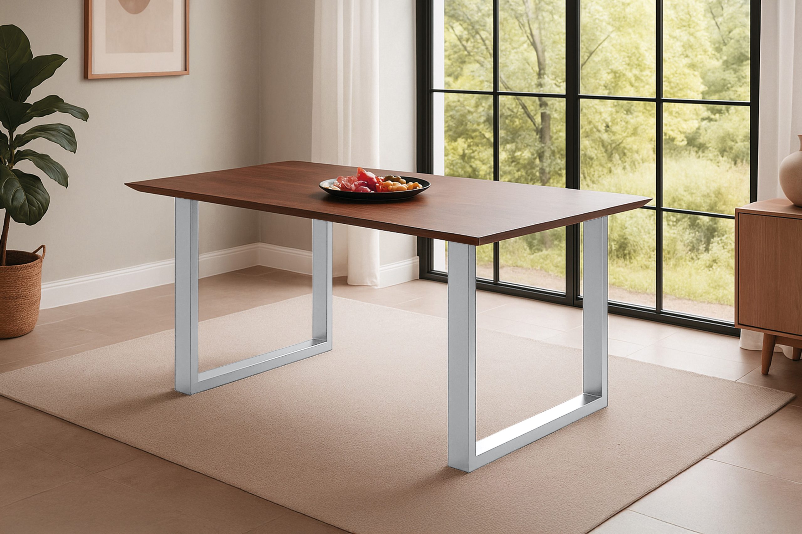 Esstisch 140x80 cm Akazie massiv kastaniefarben Schweizer Kante U-Gestell silber RITA