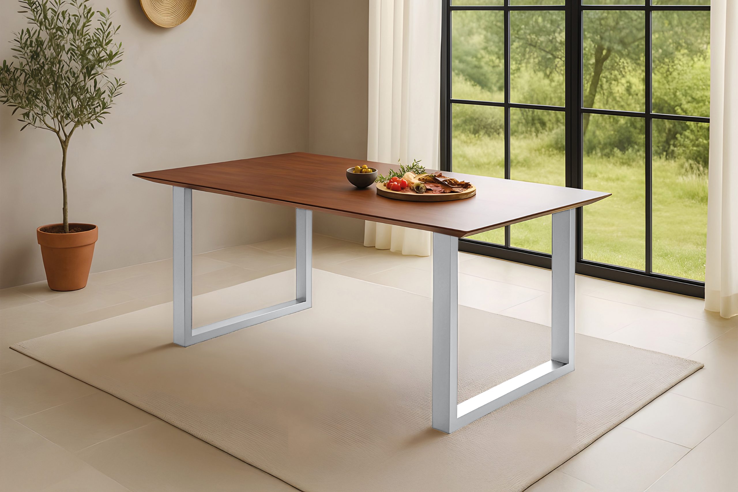 Esstisch 160x85 cm Akazie massiv kastaniefarben Schweizer Kante U-Gestell silber RITA